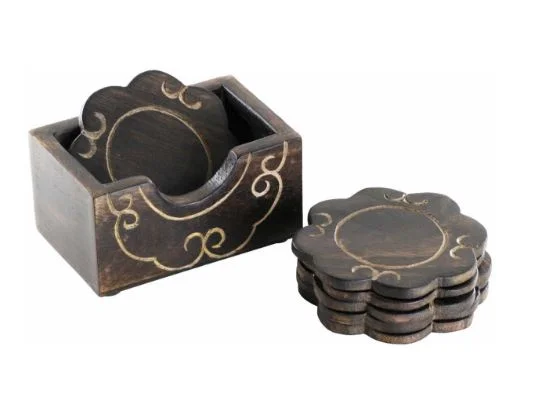 SET OF 6  VINTAGE STYLE HAND CARVED WOODEN COASTERS WITH FLORAL BOX