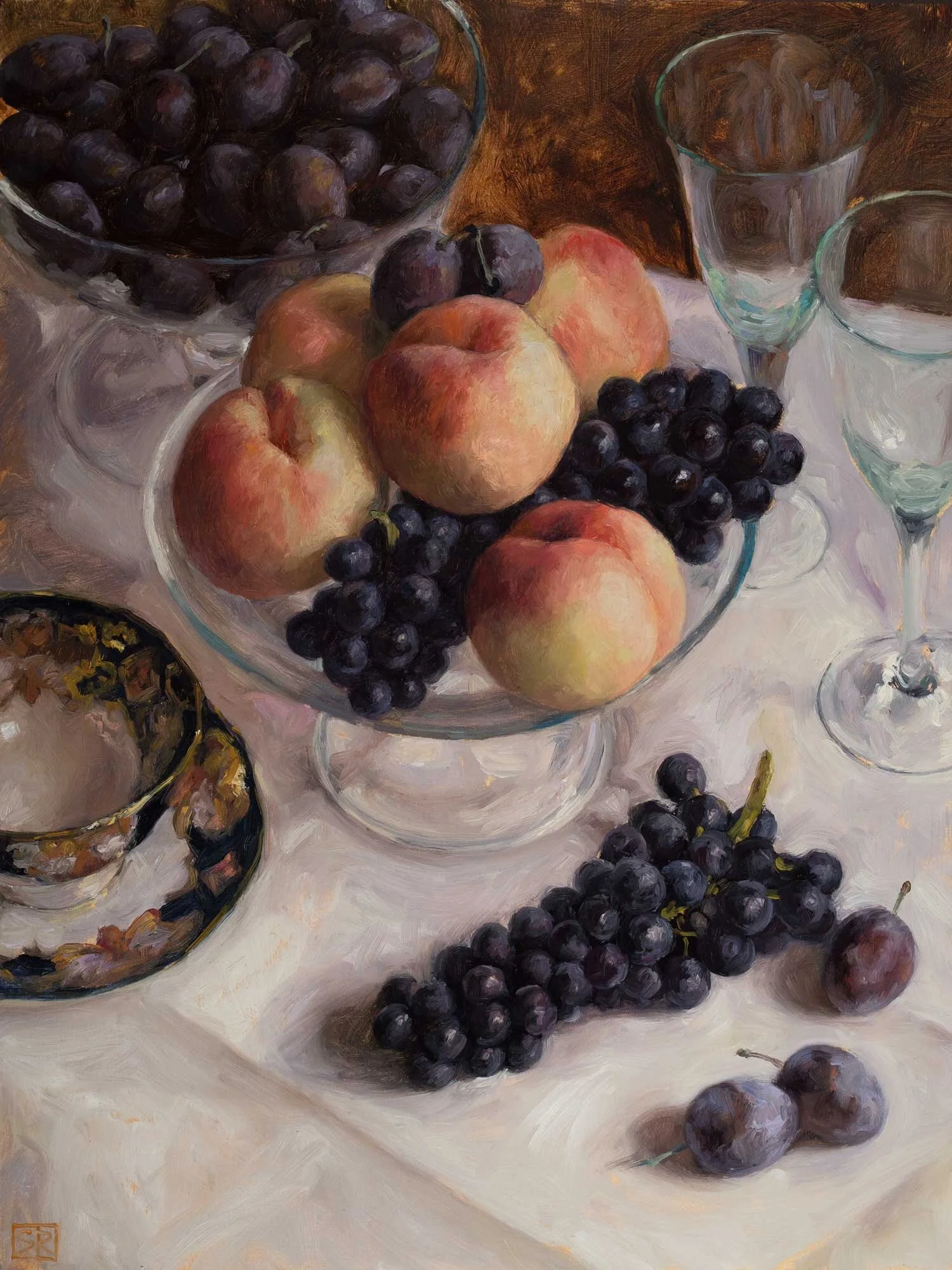 White Peaches with Grapes and Plums