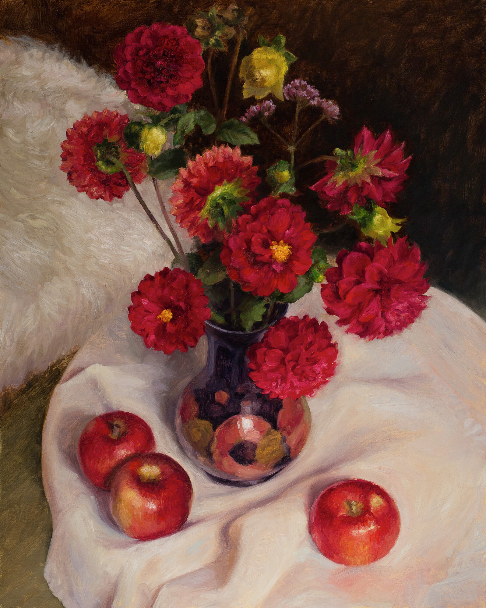 Red Dahlias and Apples with Moorcroft Vase