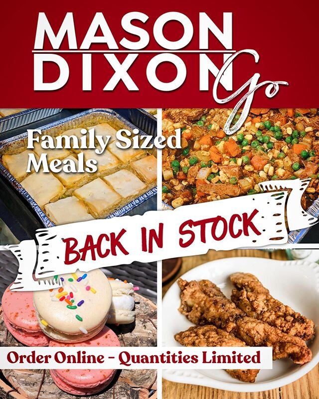 We have several Mason Dixon|Go family sized meals back in stock and a brand new meal to add to the family. ⠀
&bull;&bull;&bull;⠀
Mason Dixon|Go:⠀
Chicken Fingers - back in stock⠀
Chicken Pot Pie - back in stock⠀
*New*⠀
Shepherds Pie with Mashed Cauli
