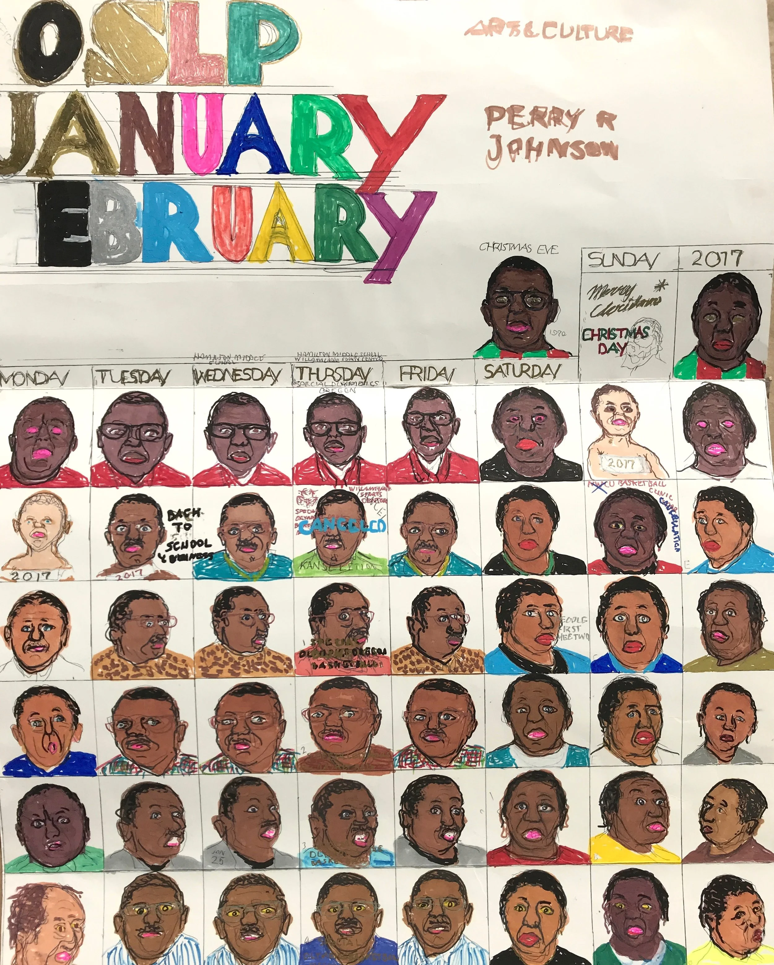 OSLP Janurary/February Calendar , Perry Johnson, 2015, marker on paper, 19 x 41 inches. On view November 17, 2017 - February 25, 2018 as part of Libby Werbel's year-long program at the Portland Art Museum: We.Construct.Marvels.Between.Monuments.
