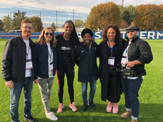  Filming at PSG Feminine with our team, Kely (Co-director), Justin Noto (Co-director) and Eric Branco (Director of Photography), pictured with Formiga and Daiane of PSG and Brazil. 