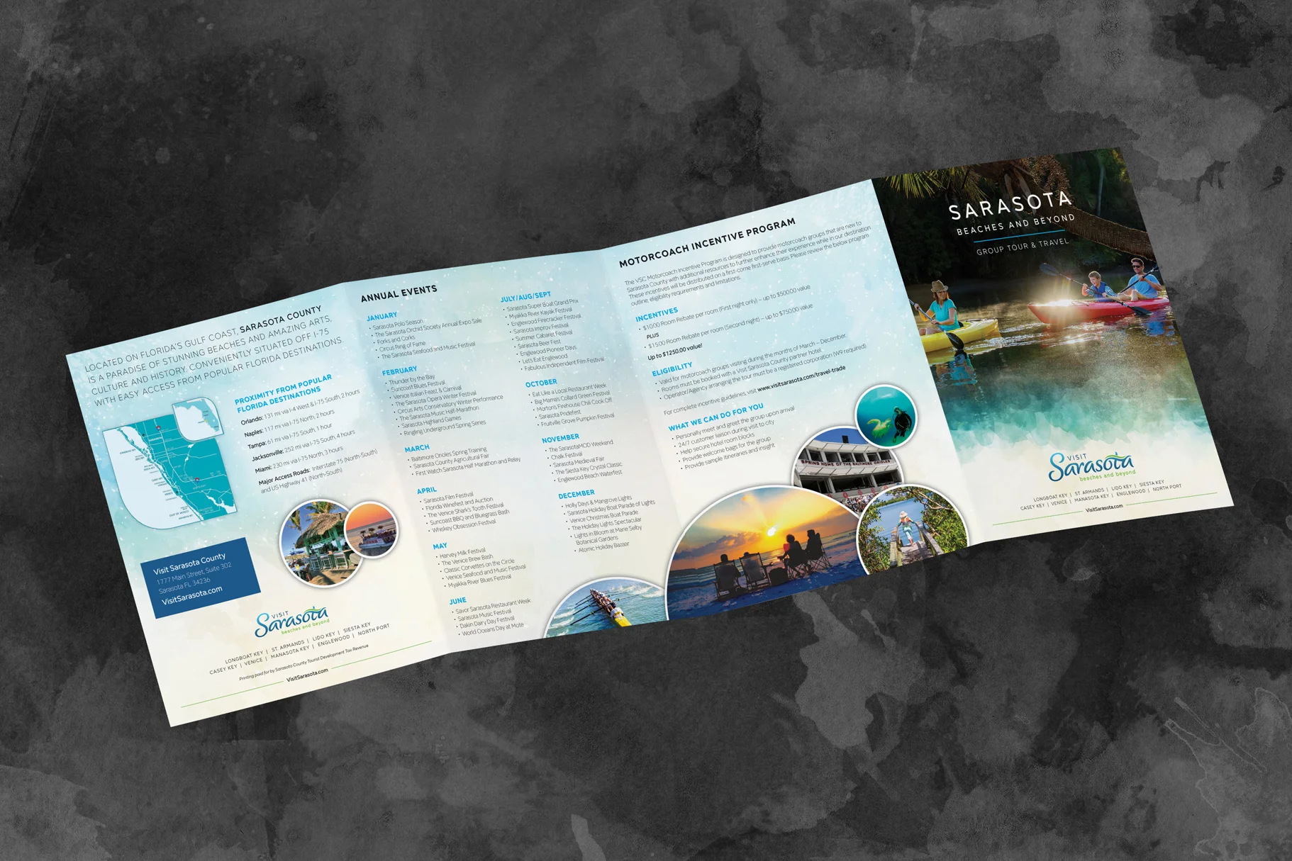This quad-fold piece was created to incentivize group tours and travel and features a companion flyer.