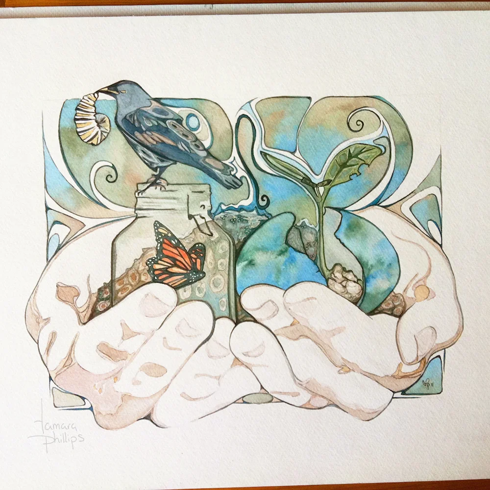 “Cyclical” watercolour: 2011. Reflections: 2018