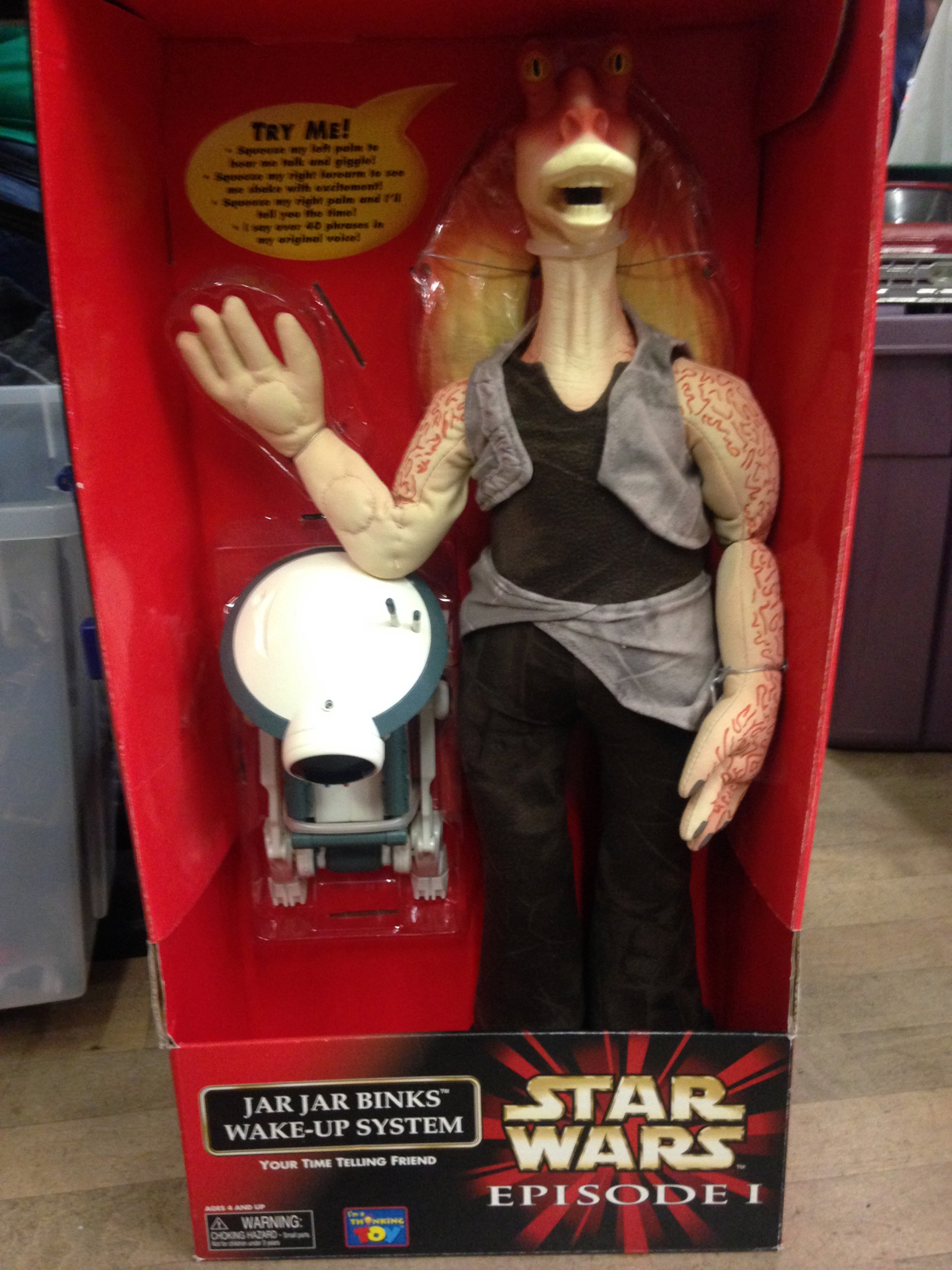 "Wakey wakey yousa little Jedi! Itsa time to AAAGH Wowee Patooey, Meesa being strangled!"