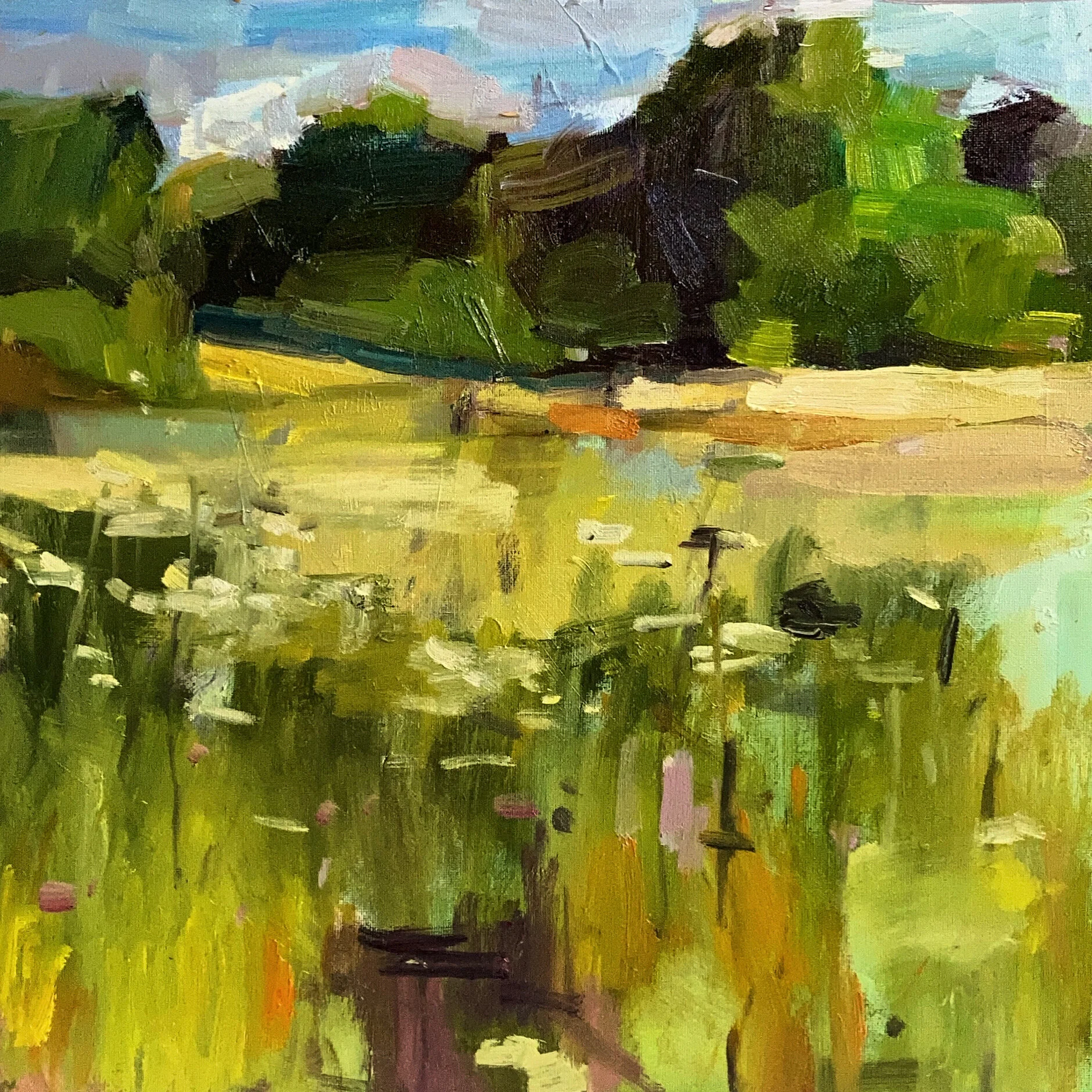   LACE CAPS ON BARNES COMMON   Oil on canvas covered board, 30 x 30 cms -    SOLD   