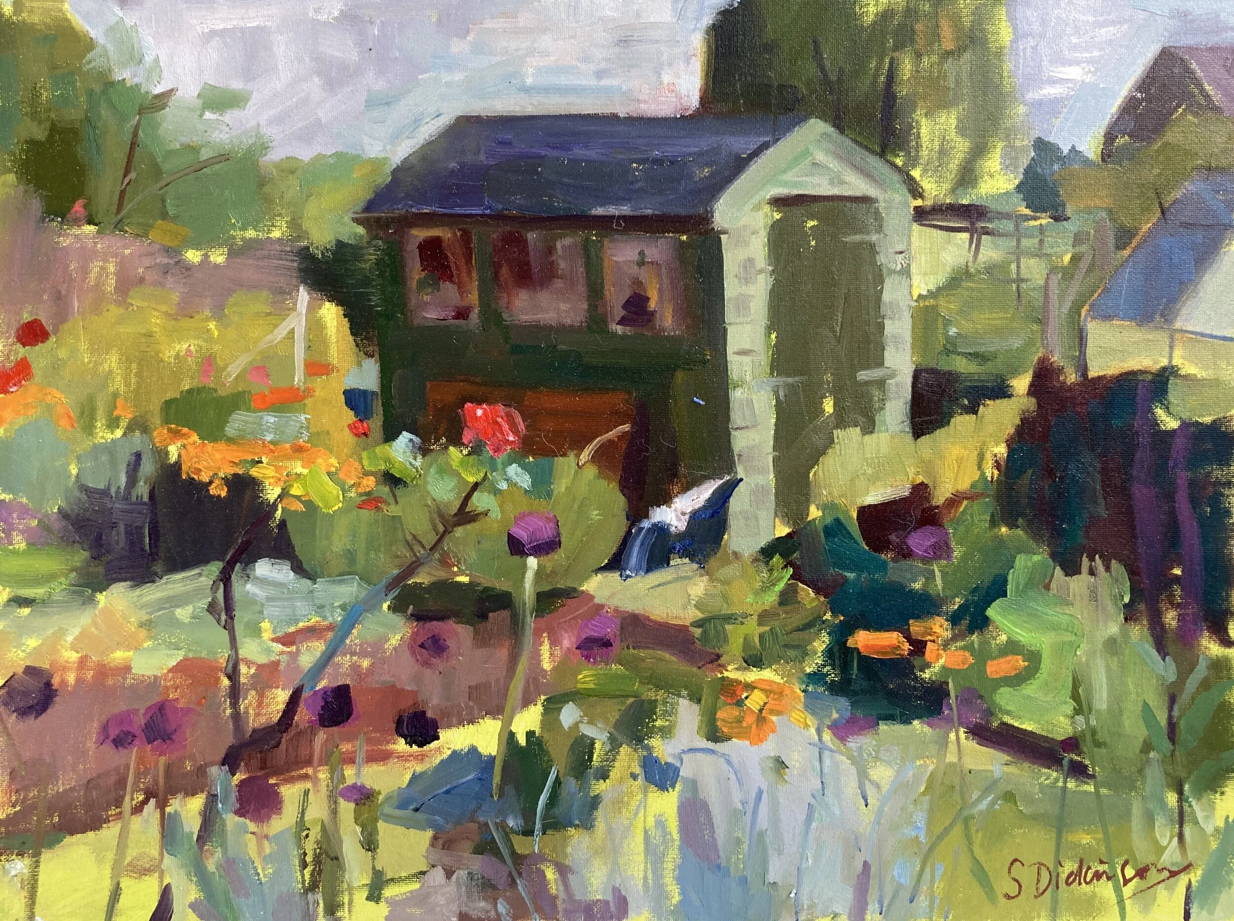  ALLOTMENTS IN MAY   Oil on canvas panel, 30 x 40 cms, £395.00 (unframed)  
