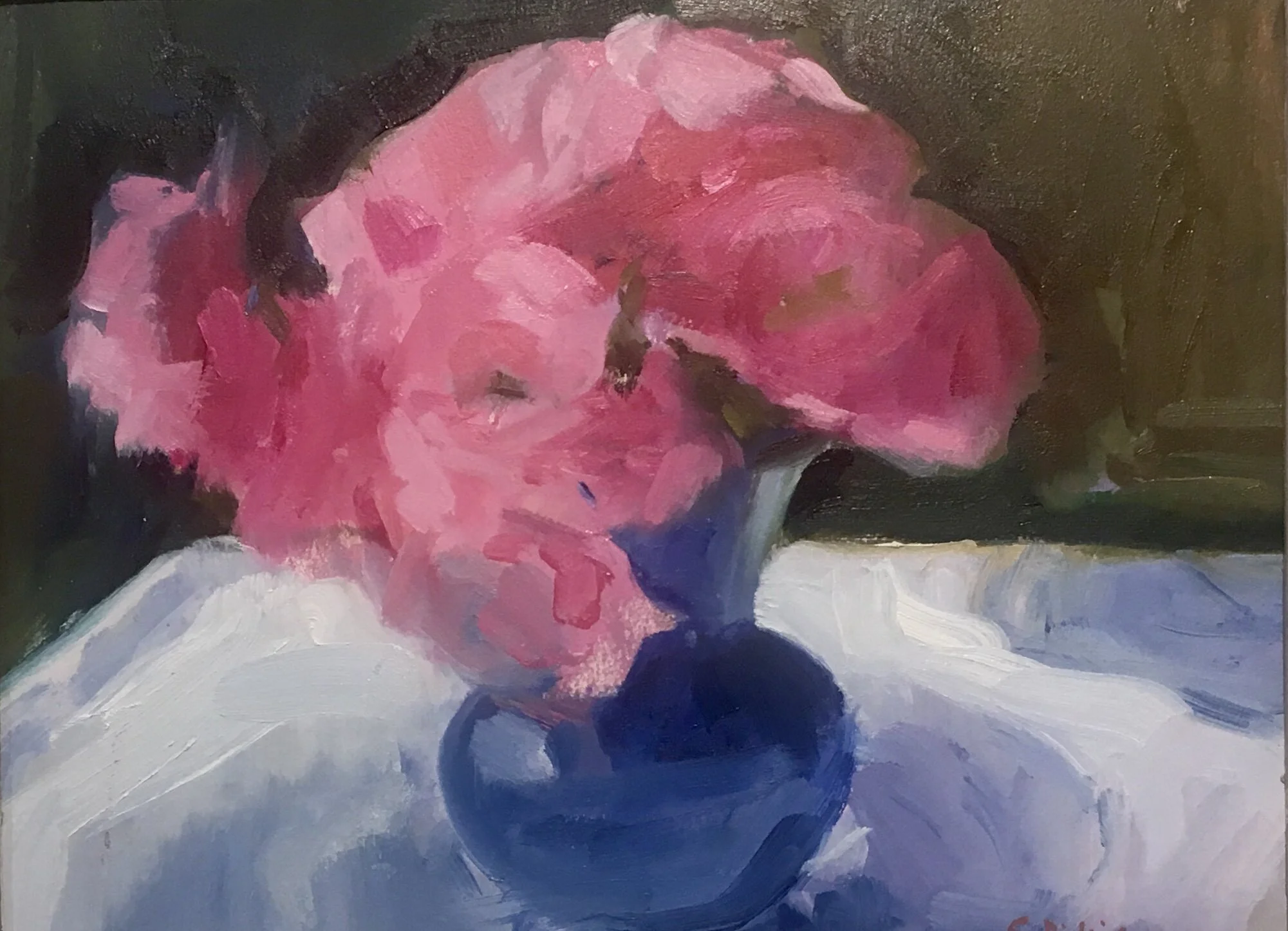   Pink Roses, Blue vase   Oil on Arches paper, 30 x 40 cms - SOLD  