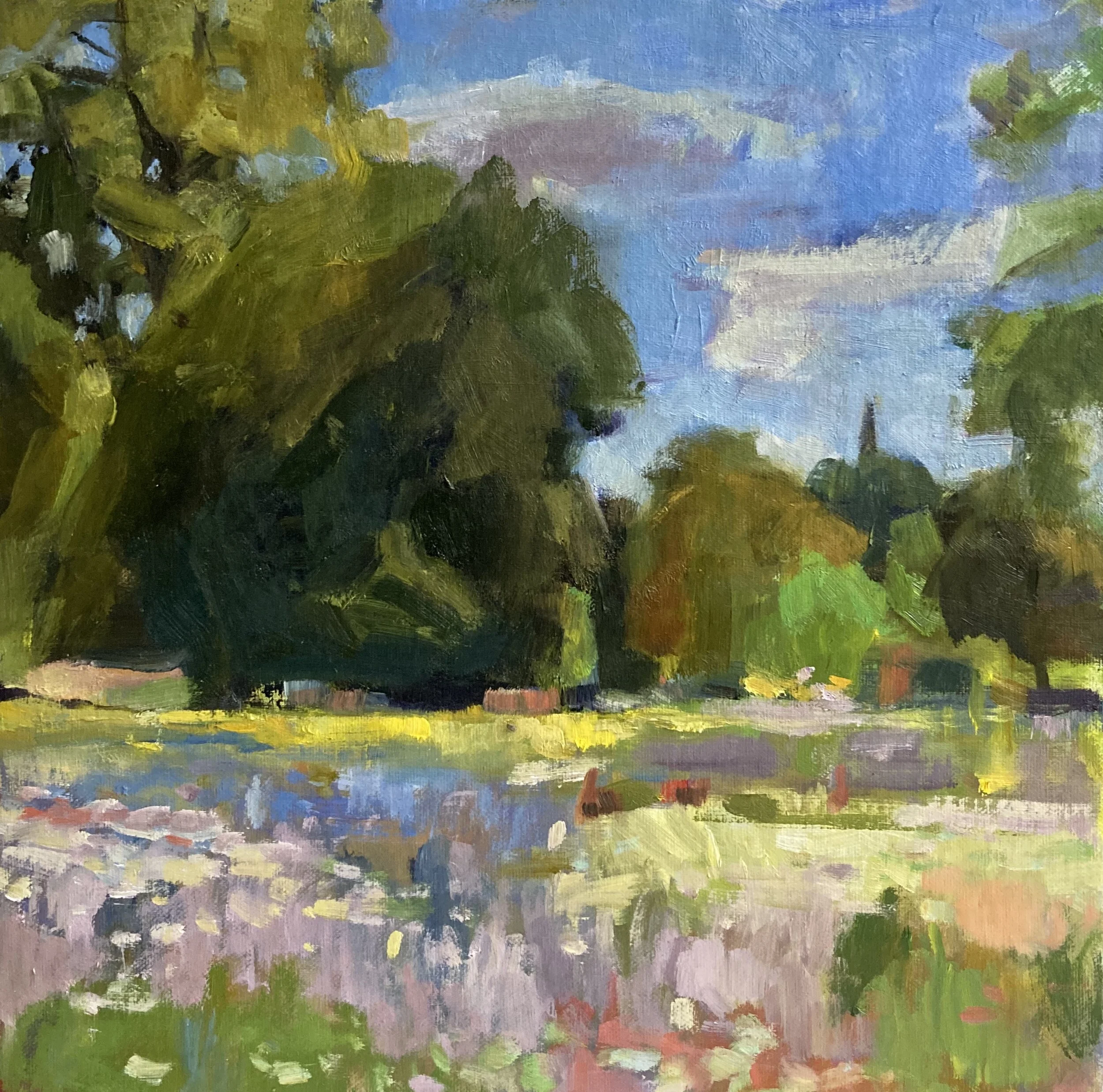   Looking towards All Saints Putney Common   Oil on canvas covered board, 30 x 30 cms, £395.00 (unframed)  
