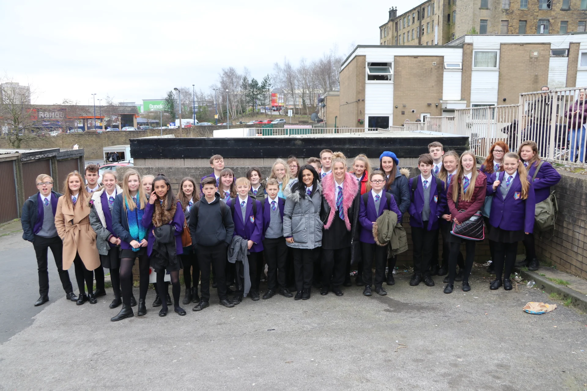 Ryburn students on set with stars of the show Amy-Leigh Hickman and Poppy Lee Friar, who play Naz and Missy. 