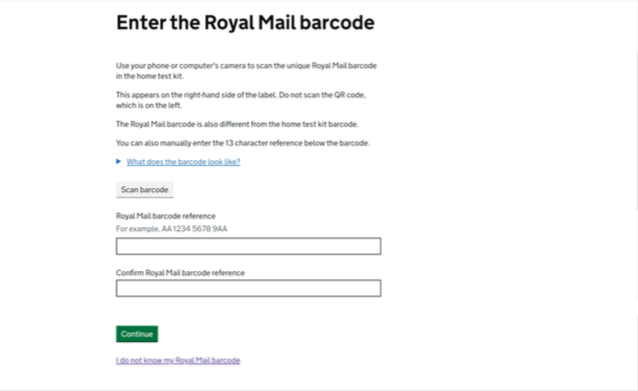Step 7 - You will NOT have a Royal Mail barcode. Go to the bottom of the page and click 'I do not know my Royal Mail barcode'.