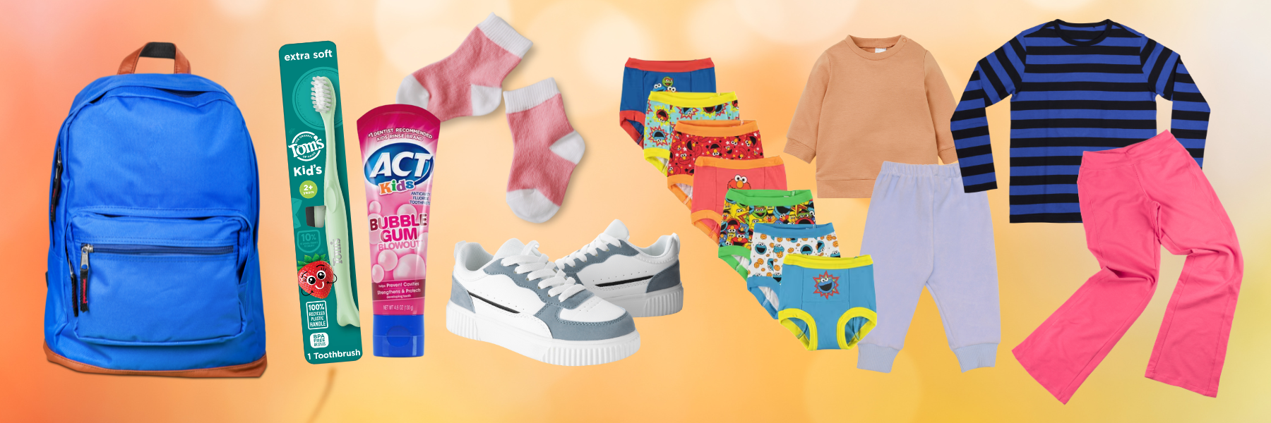 A light orange graphic with photos of needed fall donations: children's backpacks, clothing, shoes, underwear, socks, toothpaste, and toothbrushes