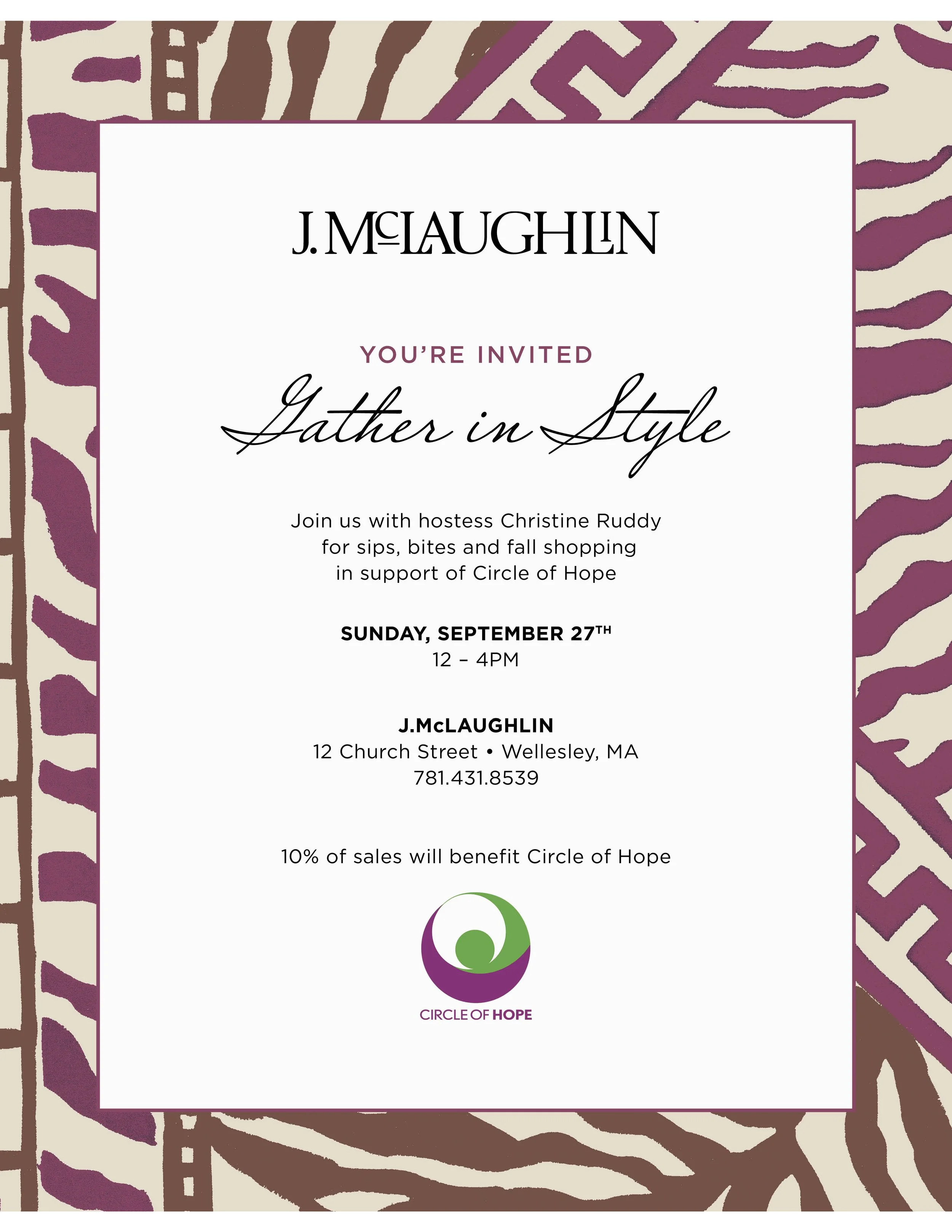 An invitation to the Sip & Shop event at J.Mclaughlin in Wellesley, MA. The invitation is white with a purple, brown, and beige patterned border.