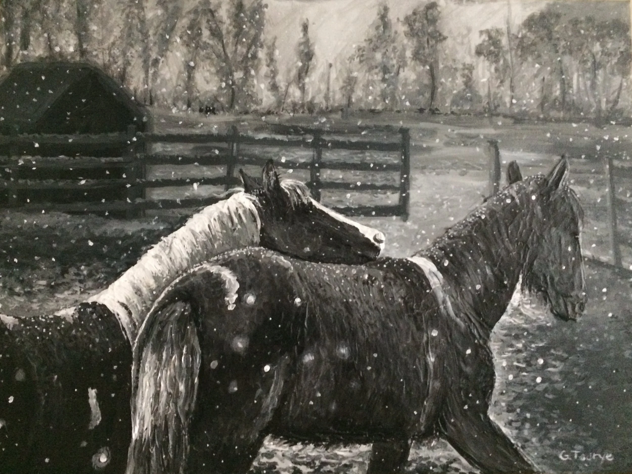 Sculptural Painting of Horses in Snow