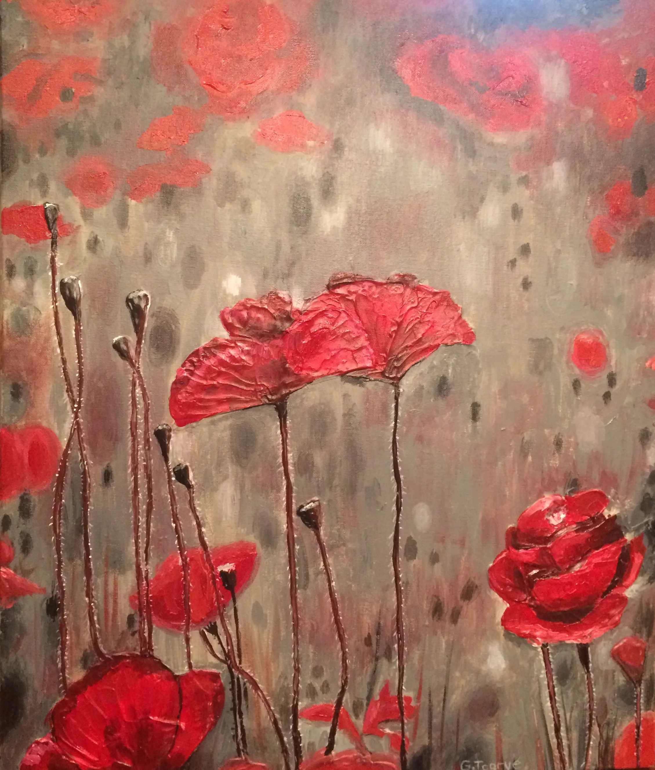 Sculptural Painting of Red Flowers