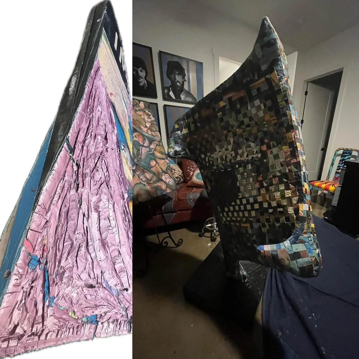 Remember this? Started with laminated insulation panels shaped with a hot knife. Then built shape with modeling paste and finished with woven canvas. Stay tuned for stage 4. #togryeart #sculpture #visualart #experimentalart