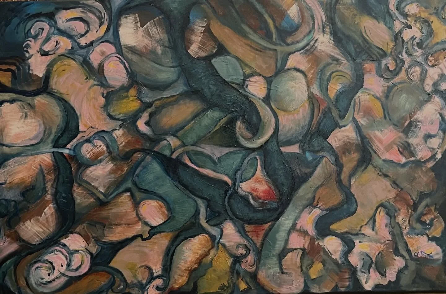 This latest creation is called Quantum The painting is composed of interlocking, vibrating, organic shapes that appear to merge, divide, and reassemble, echoing the behavior of particles in constant motion. #painting #togryeart #experimental #abstrac