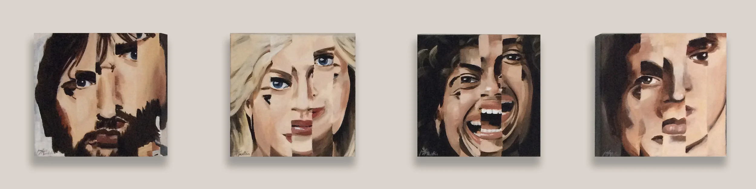 4 Faces • Acrylic on wrapped canvas • Each 8" x 8" x 1.5" • Fragmented portraits with expressive personalities.
