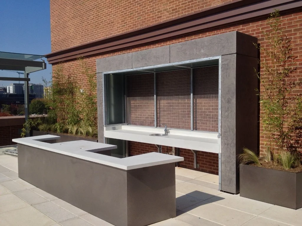 Architectural precast Hyde Concrete Sailcloth color grill station on a rooftop at 77 H Street Washington, DC