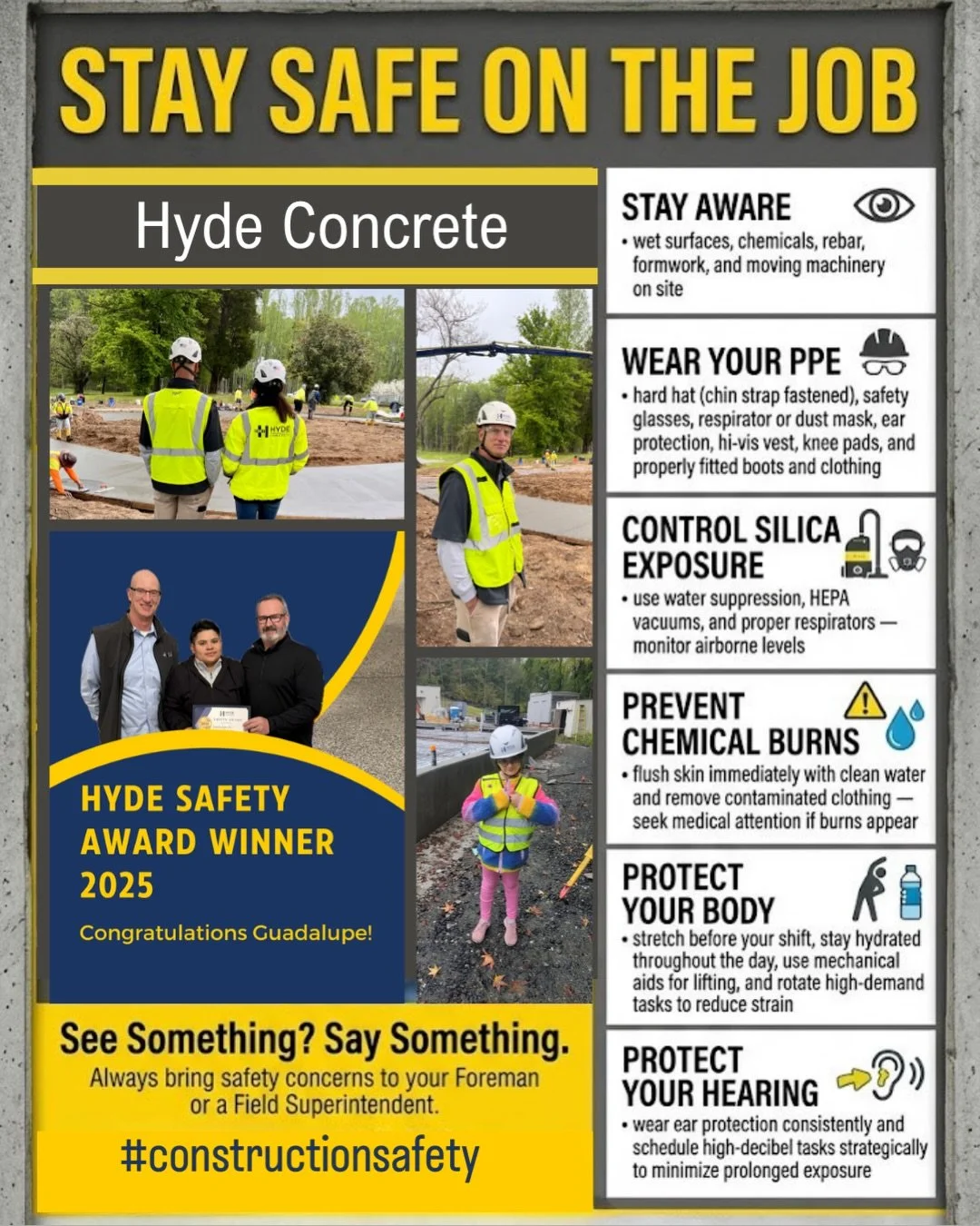 Building the future of the mid-Atlantic starts with one thing: making sure every member of our crew gets home safely.
At Hyde Concrete, safety isn&rsquo;t just a checklist&mdash;it&rsquo;s about looking out for the person next to you. Whether it&rsqu