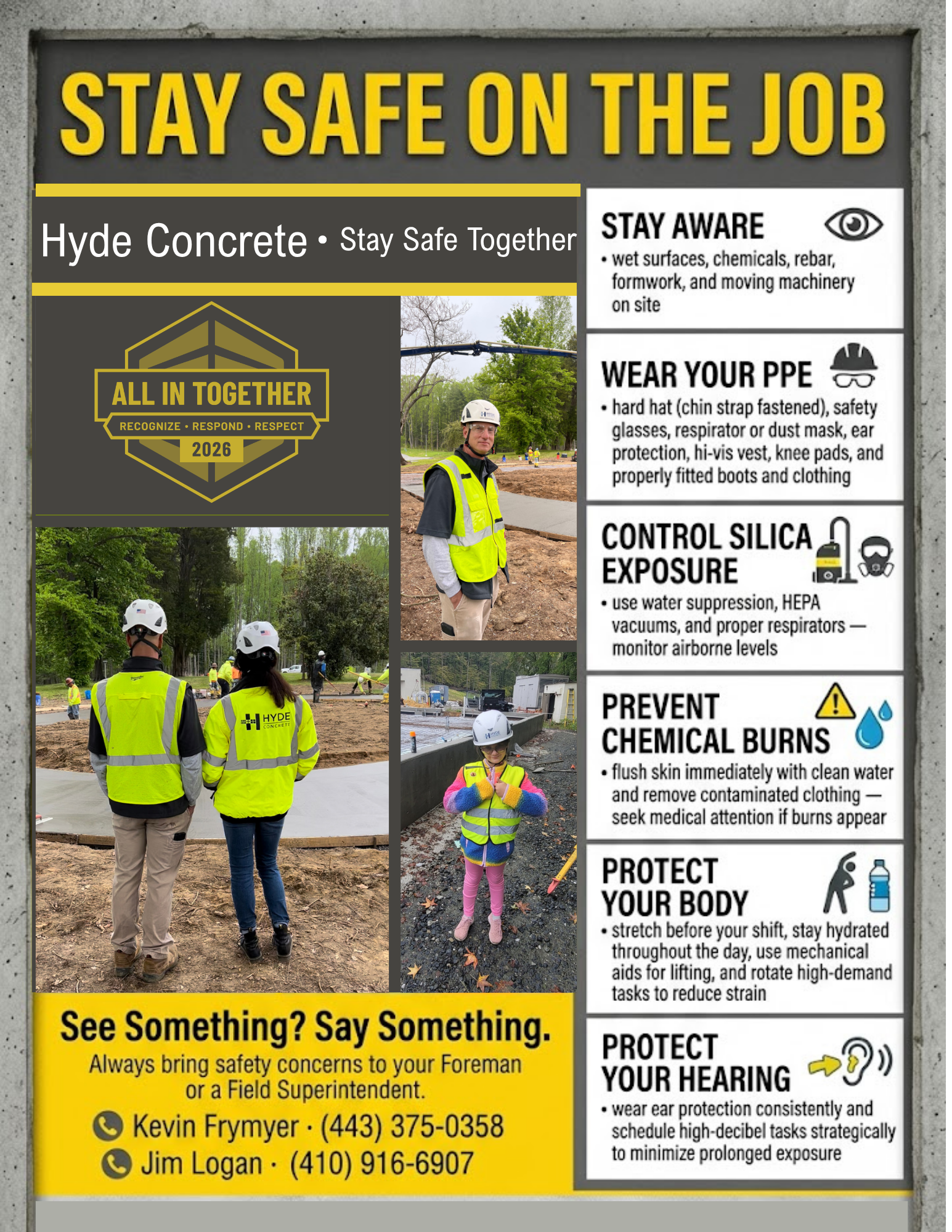 Hyde Concrete safety flyer for Construction Safety Week 2026 titled 'Stay Safe on the Job.' The graphic features crew members working on-site and lists safety protocols for PPE, silica exposure, and chemical burns, along with contact info for field s