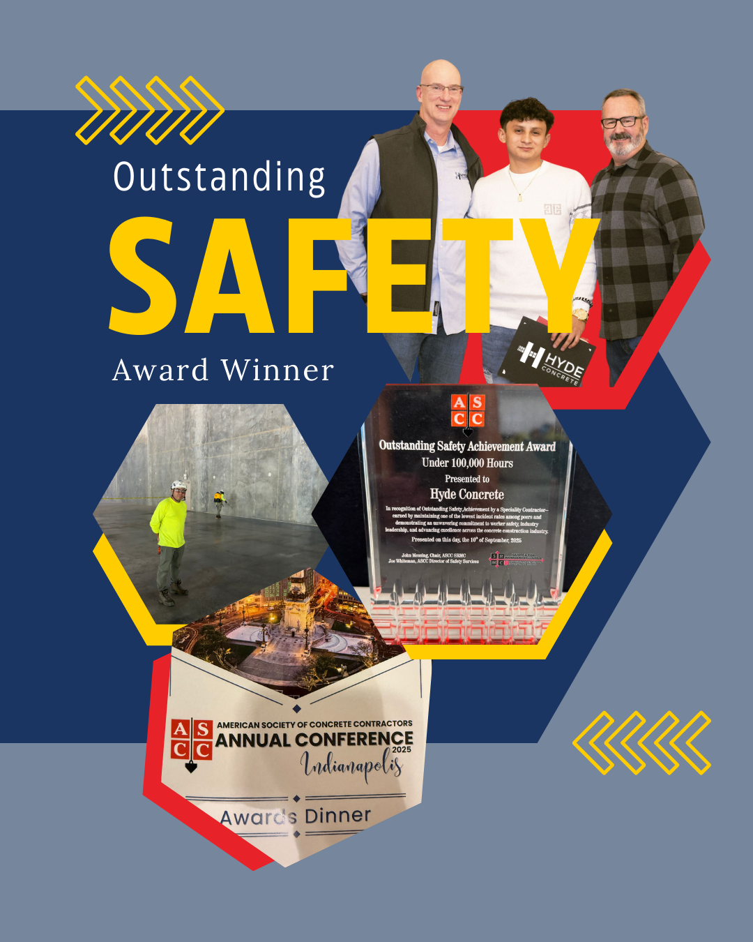 Collage of safety award winner 2024 and trophy for winning national concrete safety award2025.