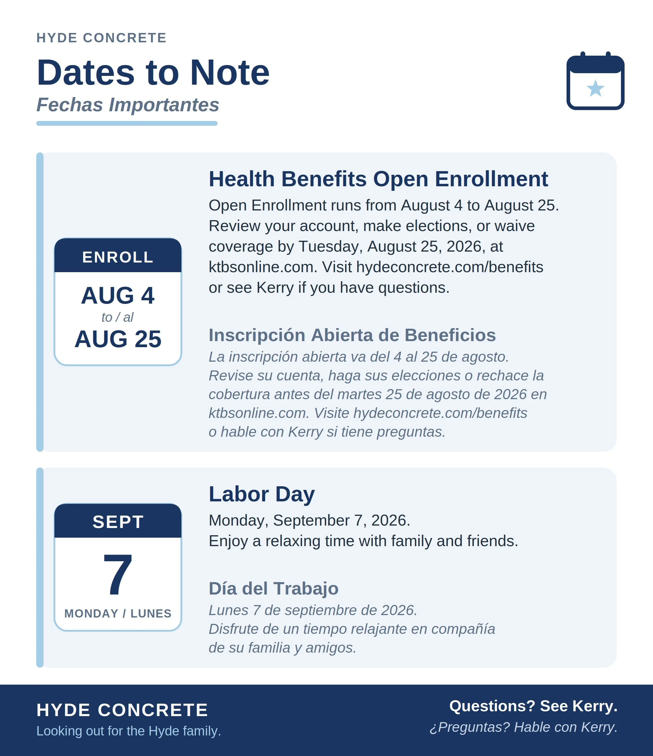 Hyde Concrete employee health benefits open enrollment notice, offering medical coverage elections for team members at the veteran-owned Maryland decorative concrete contractor.