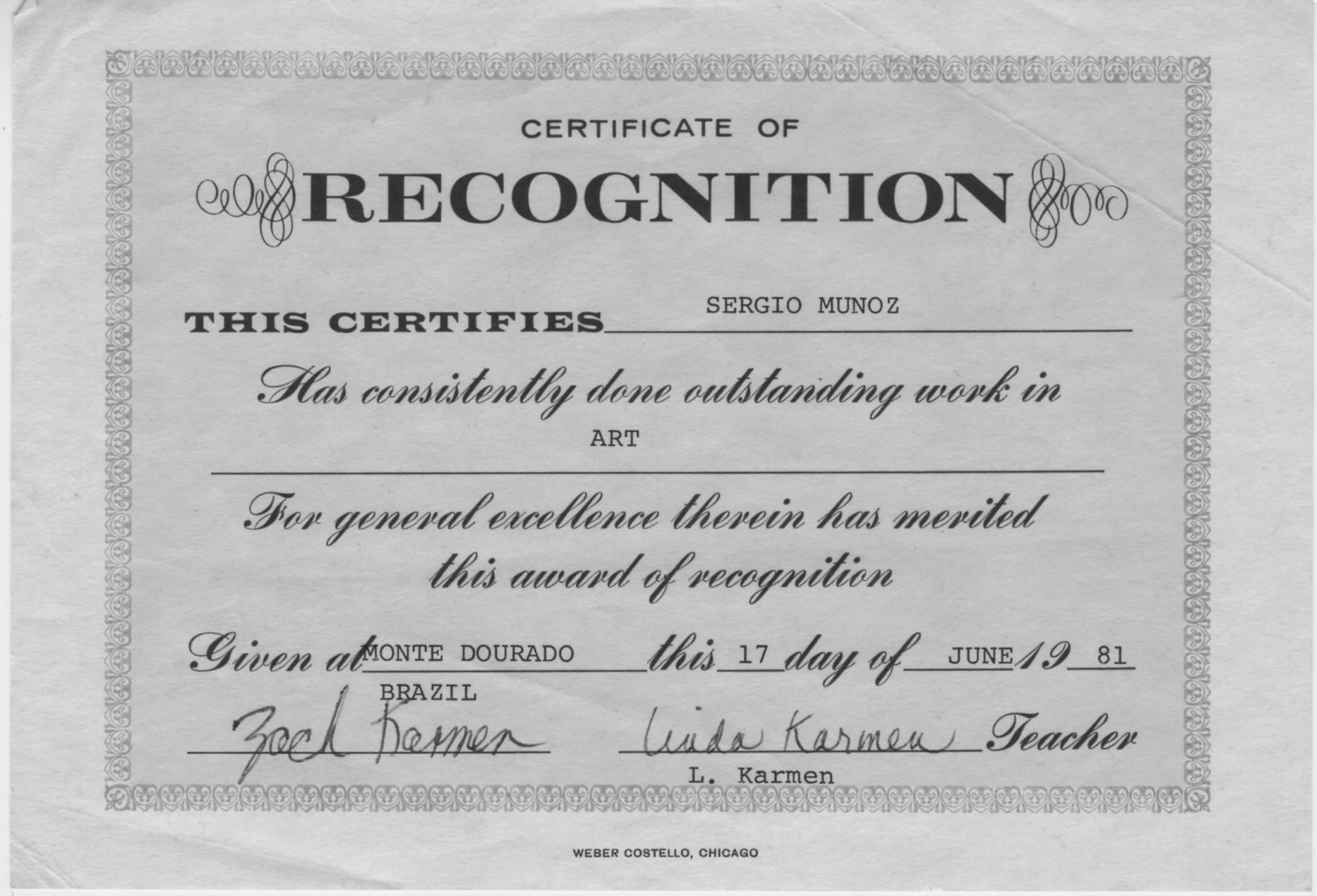 First and only certificate of recognition. (Brasil 1981).