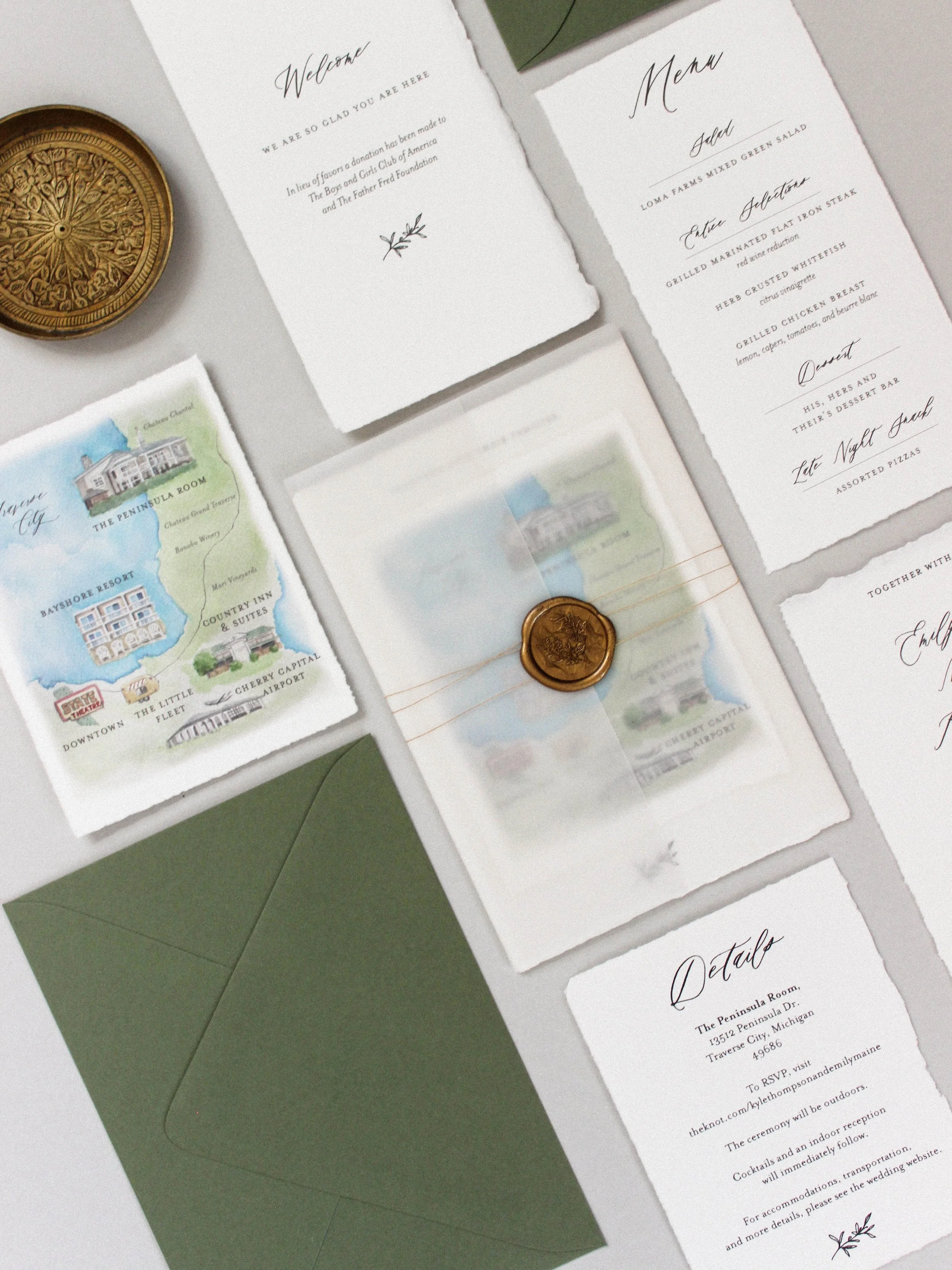 Lake Michigan Invitation Suite with a Watercolor Venue Map