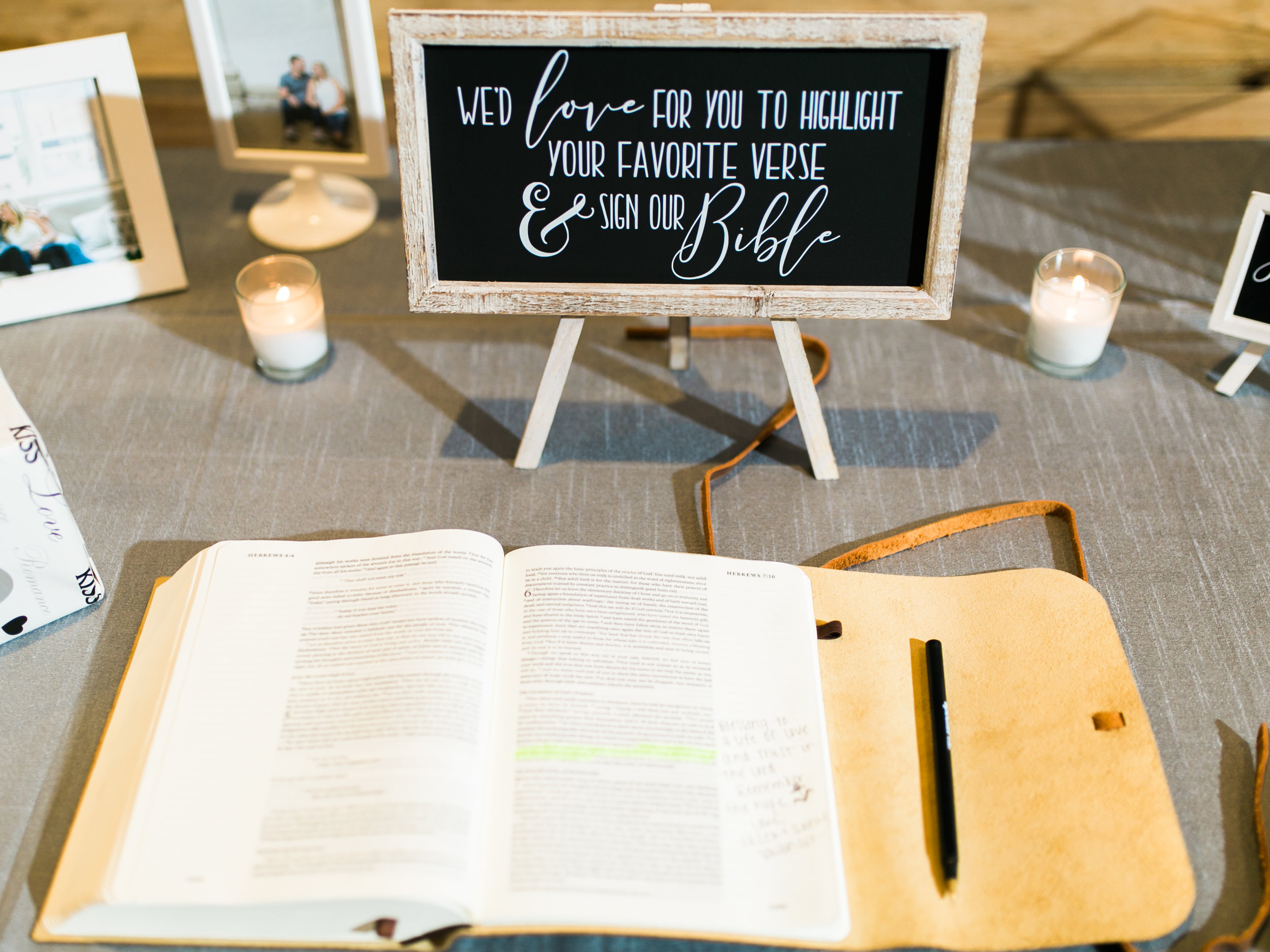 We chose to use a leather bound Bible as our guest book and it was one of the most special pieces from our day. It's been so much fun to look through the verses and notes left by all of our favorite people. 
