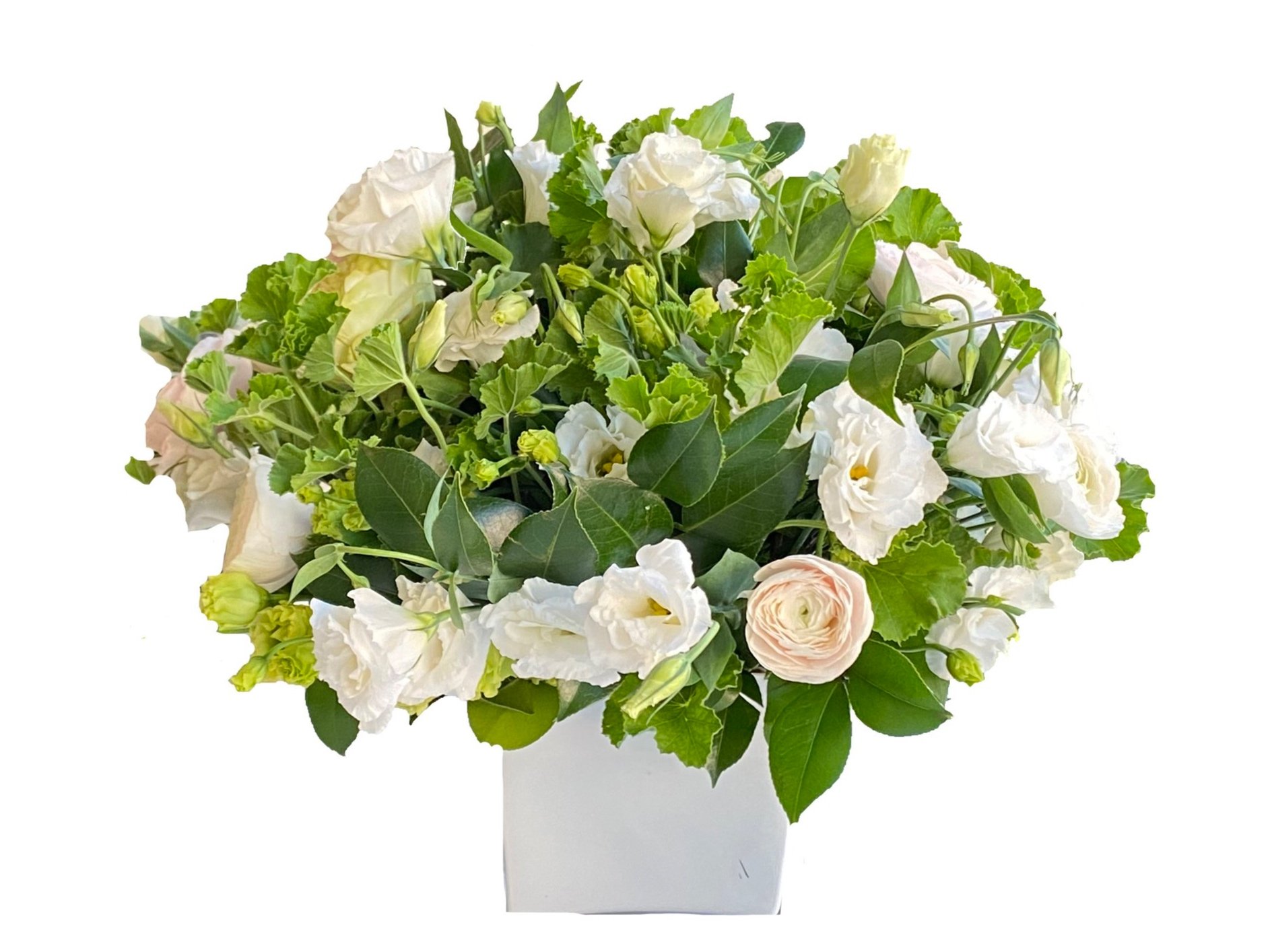 greens with lisianthus and ranunculus mix