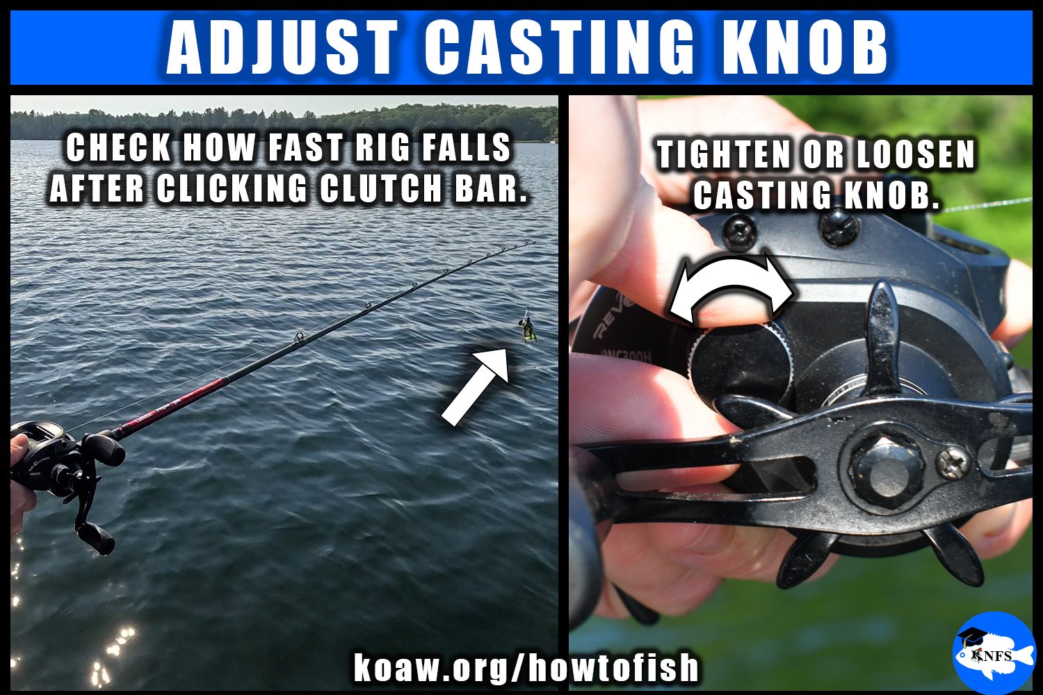 The casting knob on a baitcaster reel needs to be adjusted to assist in casting and prevent backlashes.