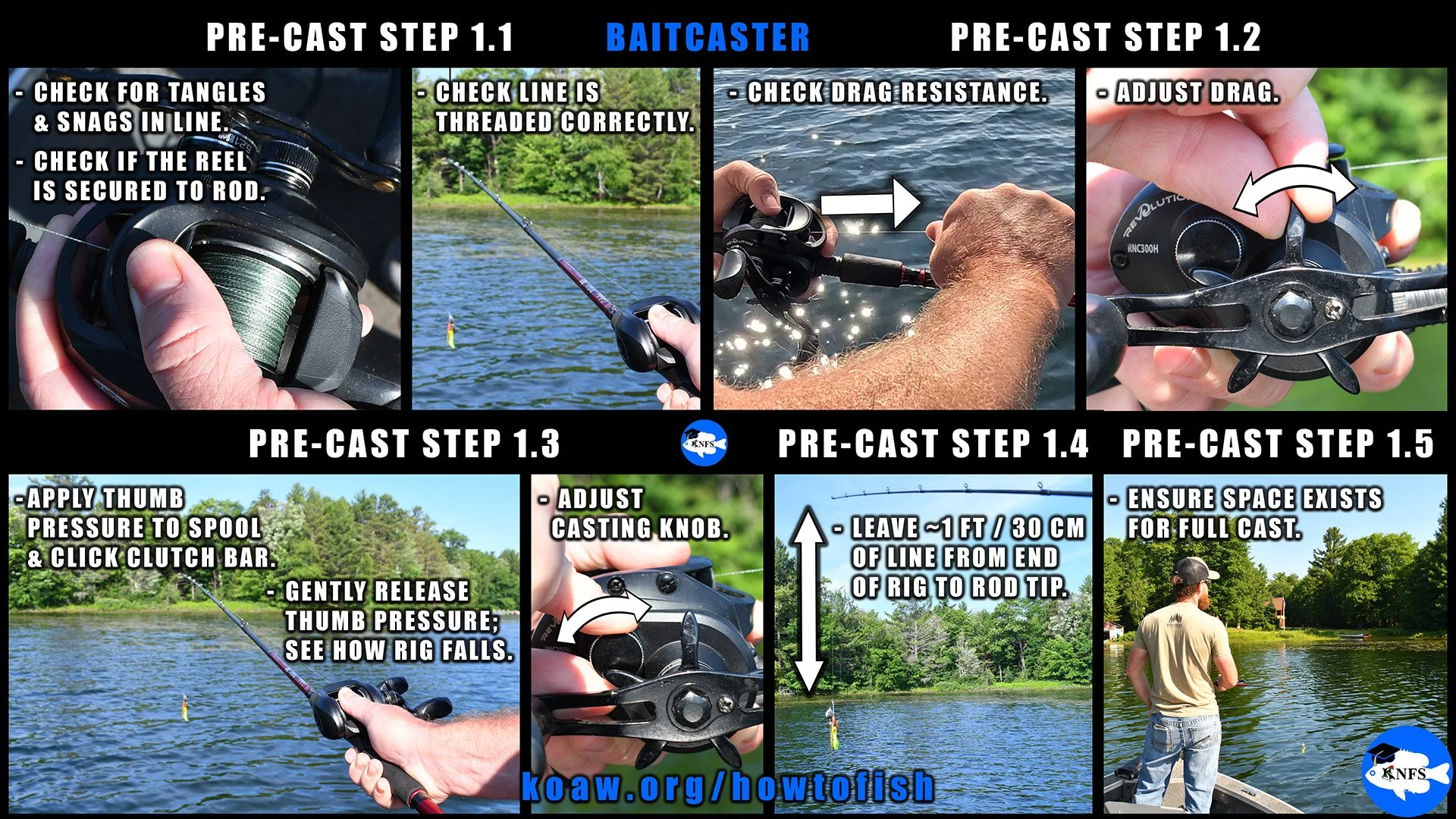 The first steps of casting a baitcaster, or baitcasting reel, involve checking for snags, checking the drag, and adjusting the casting knob.