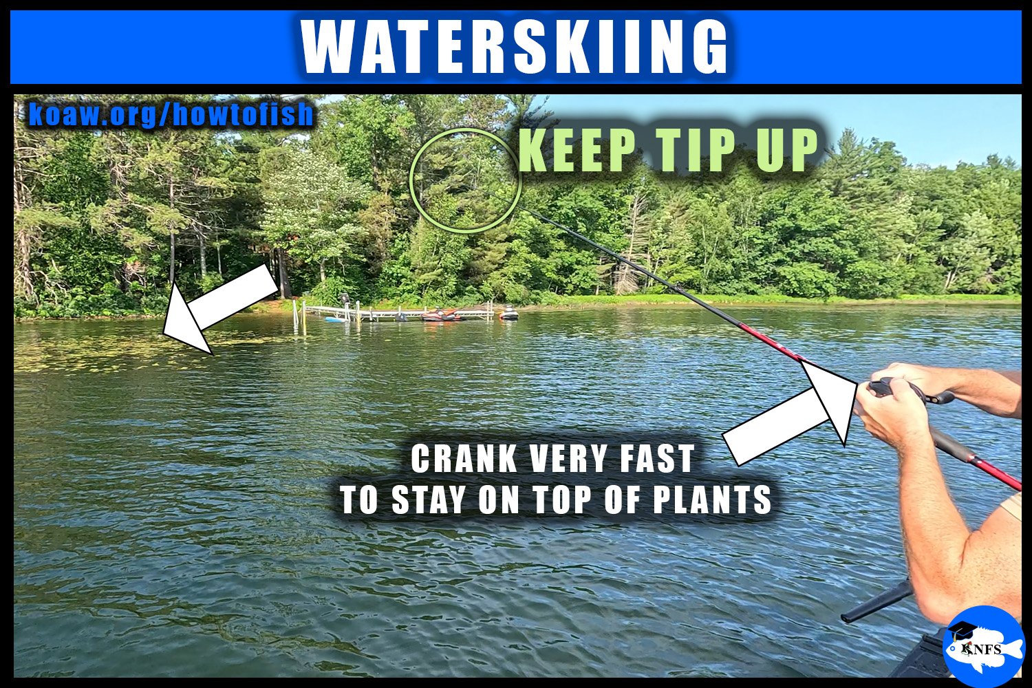 Shows the advanced waterskiing fishing method when using a spinnerbait for fishing.