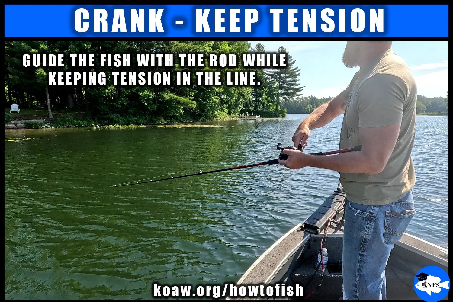 Cranking the handle of the baitcaster reel will bring line in. Keep tension on the line if a fish is on.