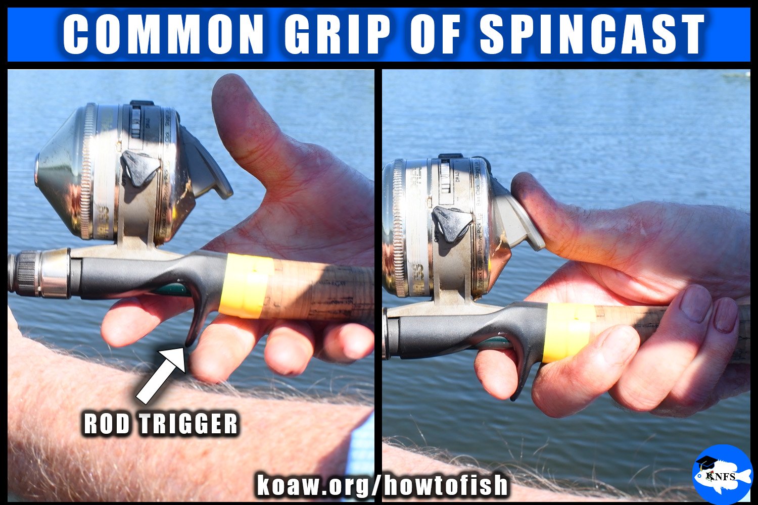 How to hold a fishing reel. Holding the spincast, or button-push reel.