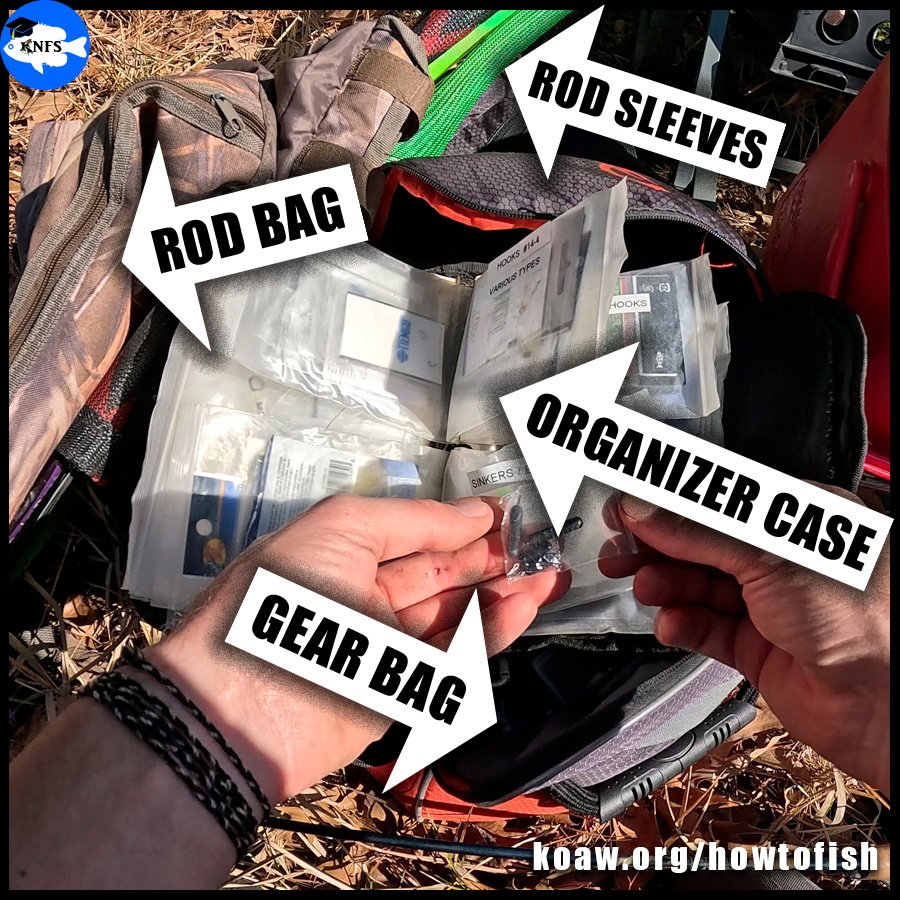 Shows what gear and fishing tackle Koaw uses while fishing.