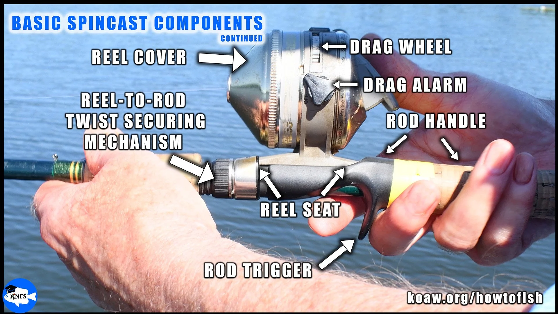 The spincast reel is seated in the reel seat of the rod and secured via a twist mechanism.