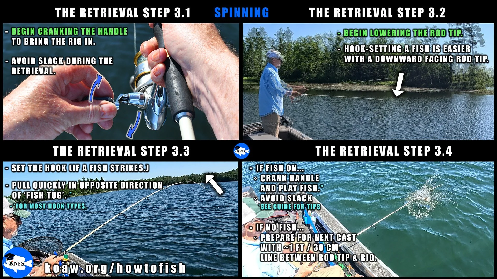 Shows the final steps for retrieving a fishing rig while using a spinning reel and rod.