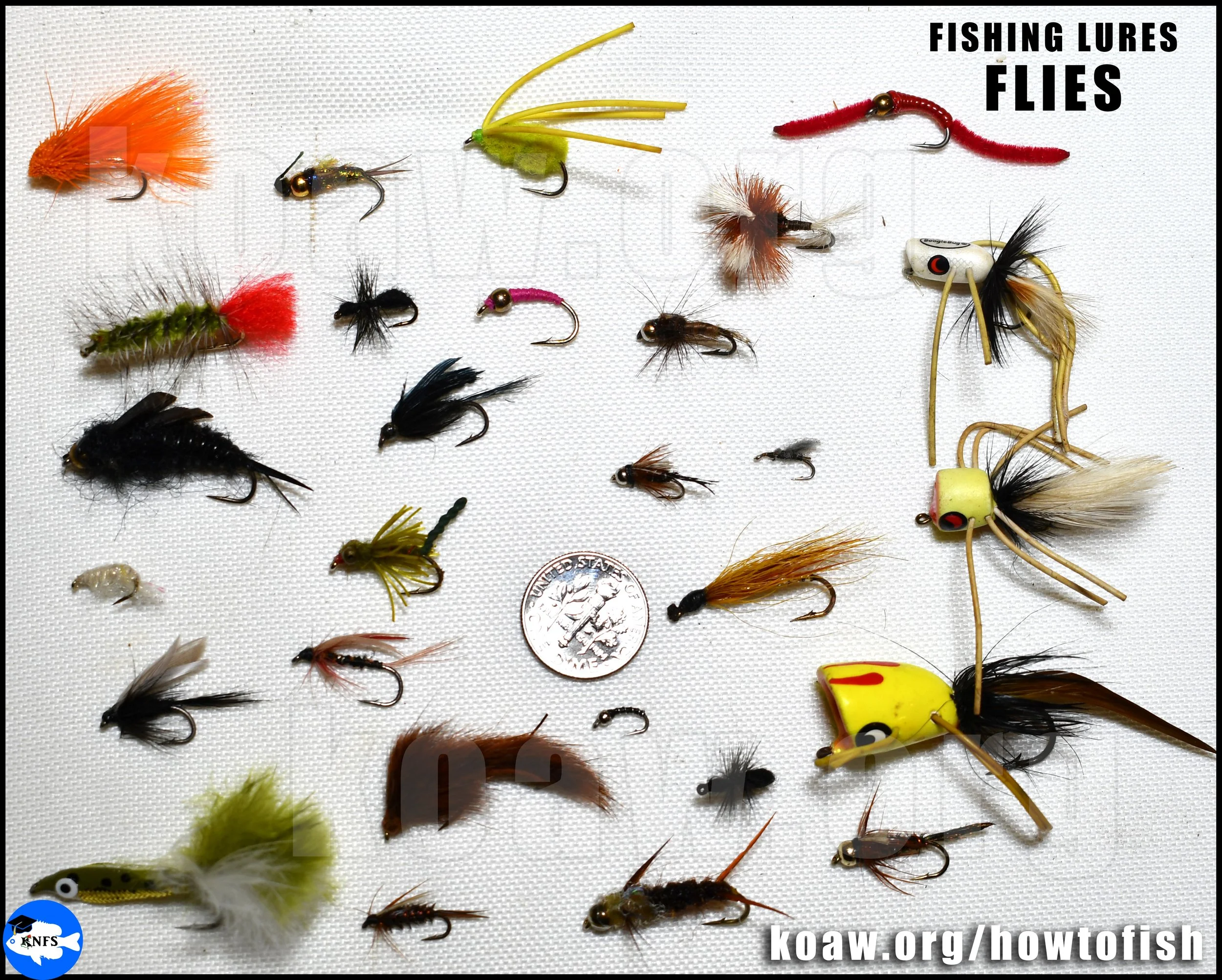 Shows an assortment of fishing flies used for sportfishing.