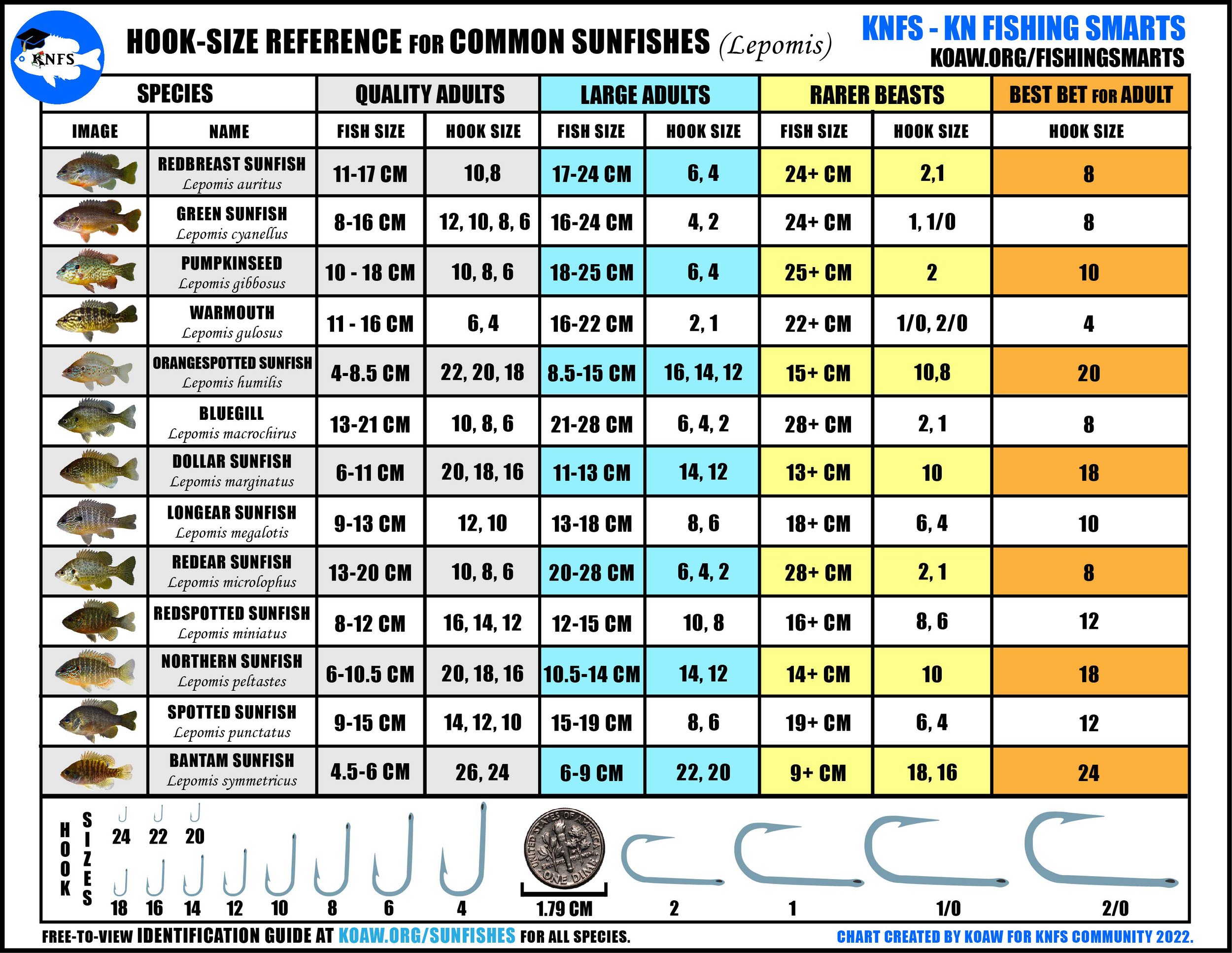 KNFS Free Hook-Size Chart for Common Sunfishes - Bluegill, longear