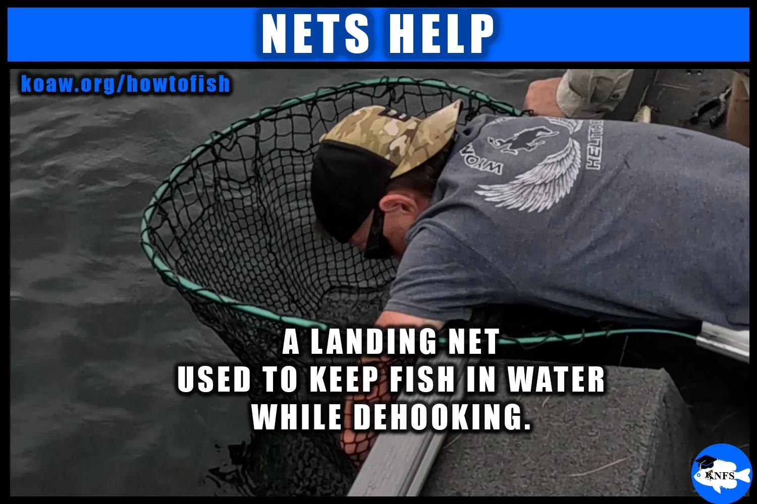 Shows a landing net for fishing where the fish is kept in the water while the angler dehooks the fish.