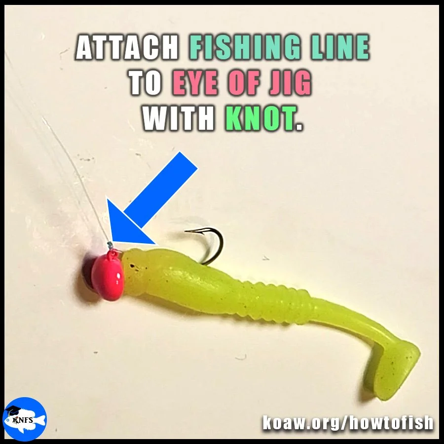 Shows a fishing jig with a soft plastic that has knot attached.