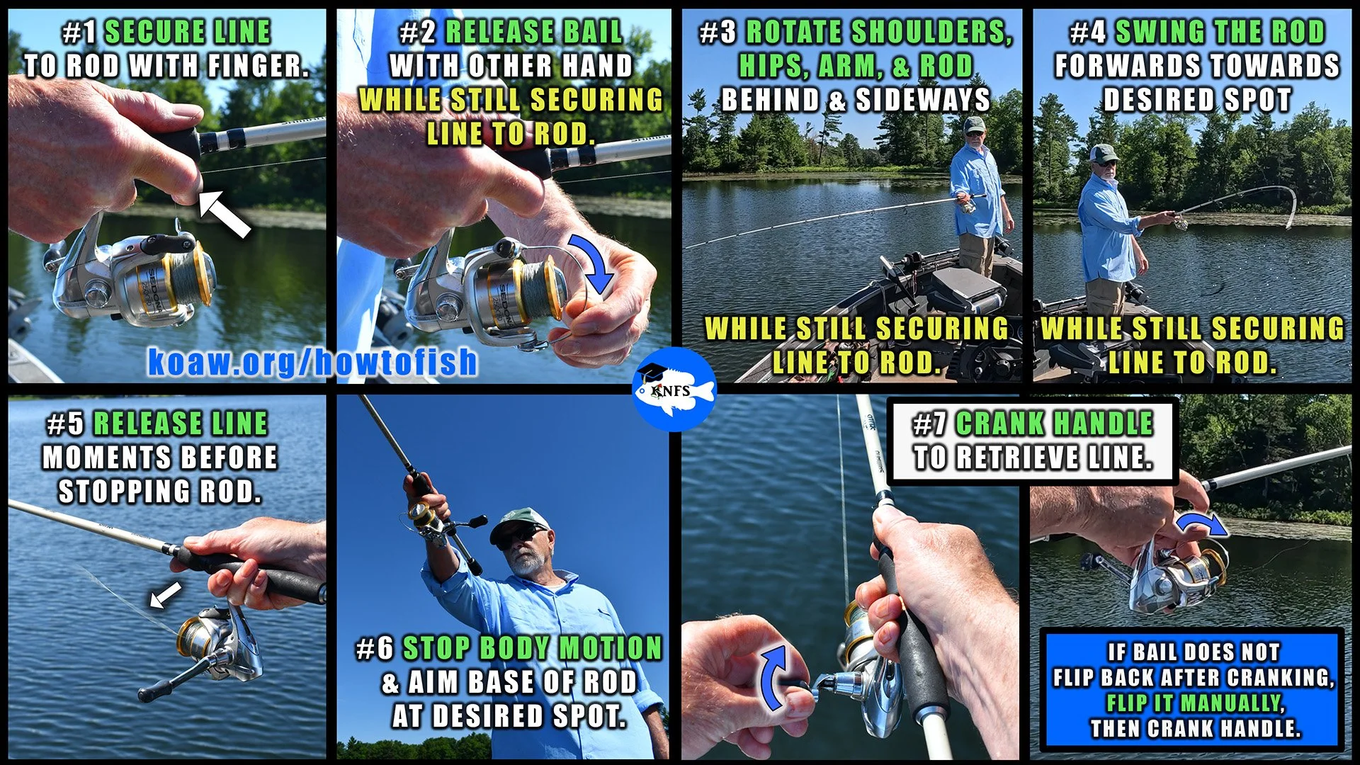 Quick and easy steps for how to cast with a spinning reel and rod.