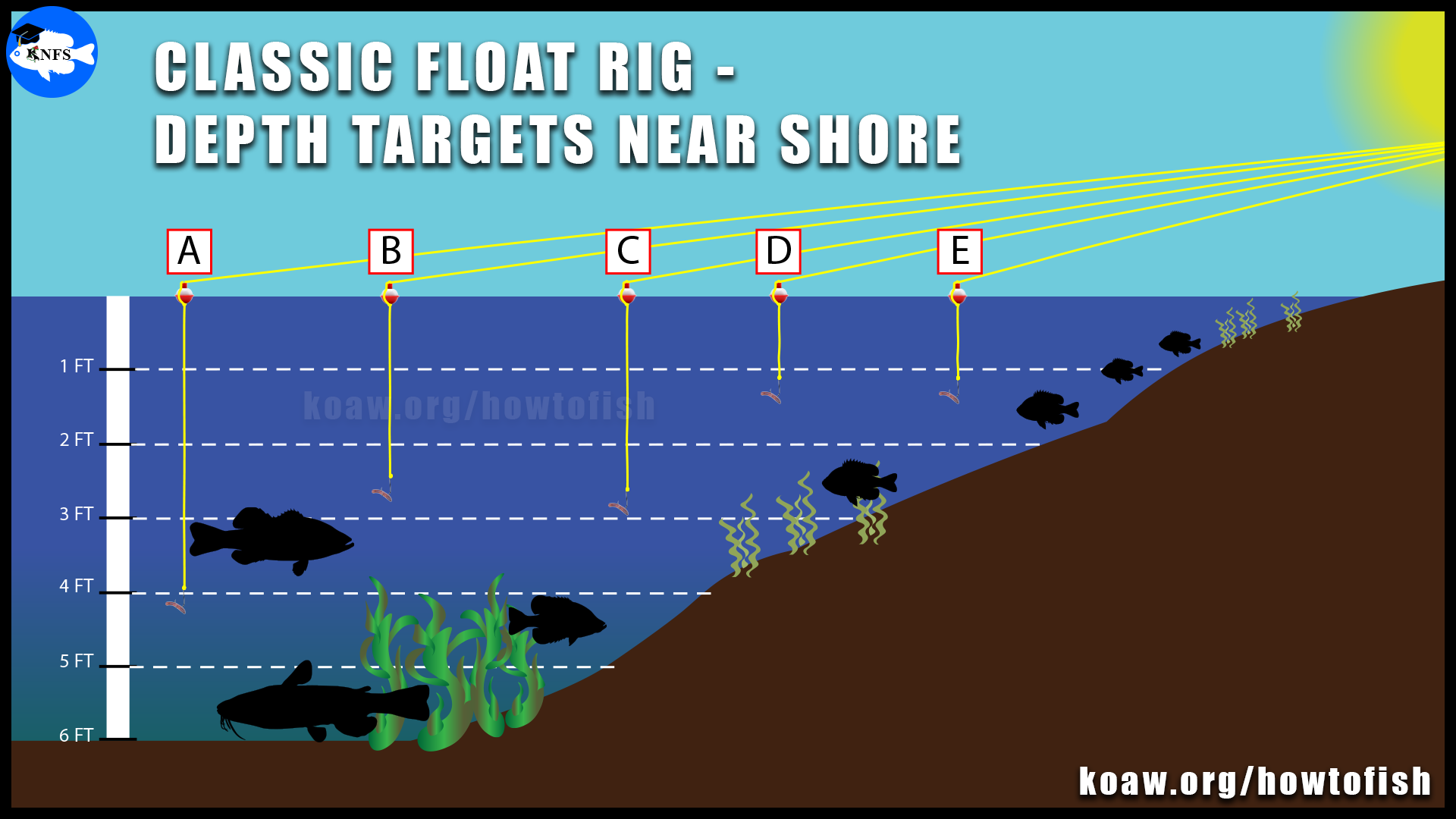 The image shows how high to tie a bobber from the hook on a classic float rig.