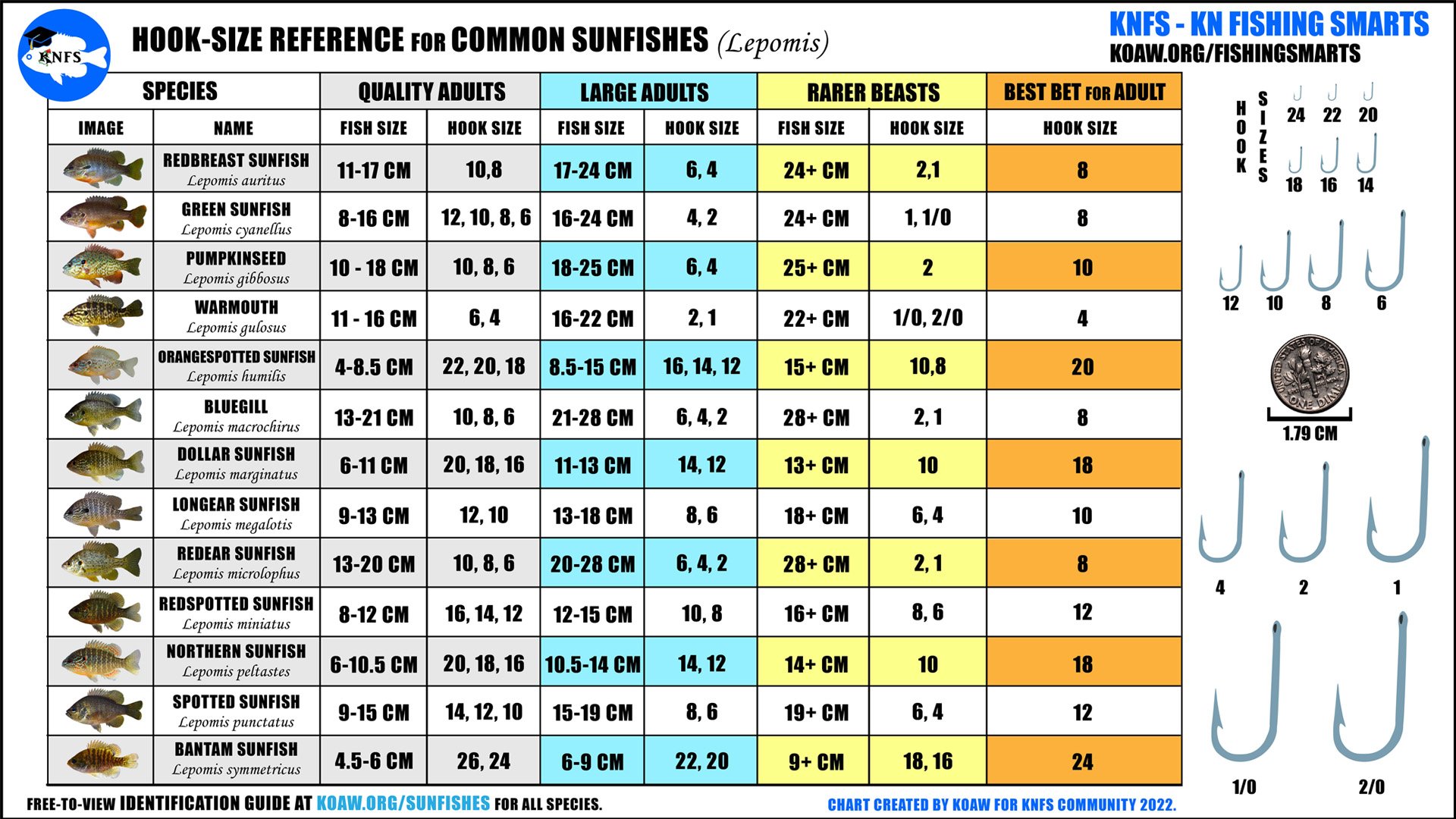 KNFS Free Hook-Size Chart for Common Sunfishes - Bluegill, longear