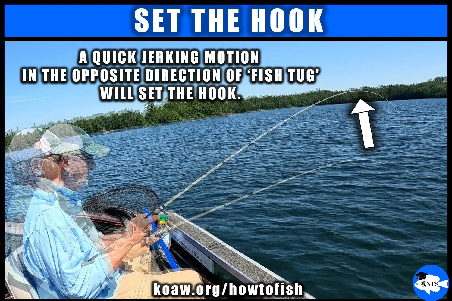 Image shows how to set the hook if a fish strikes on a spinng reel and rod.