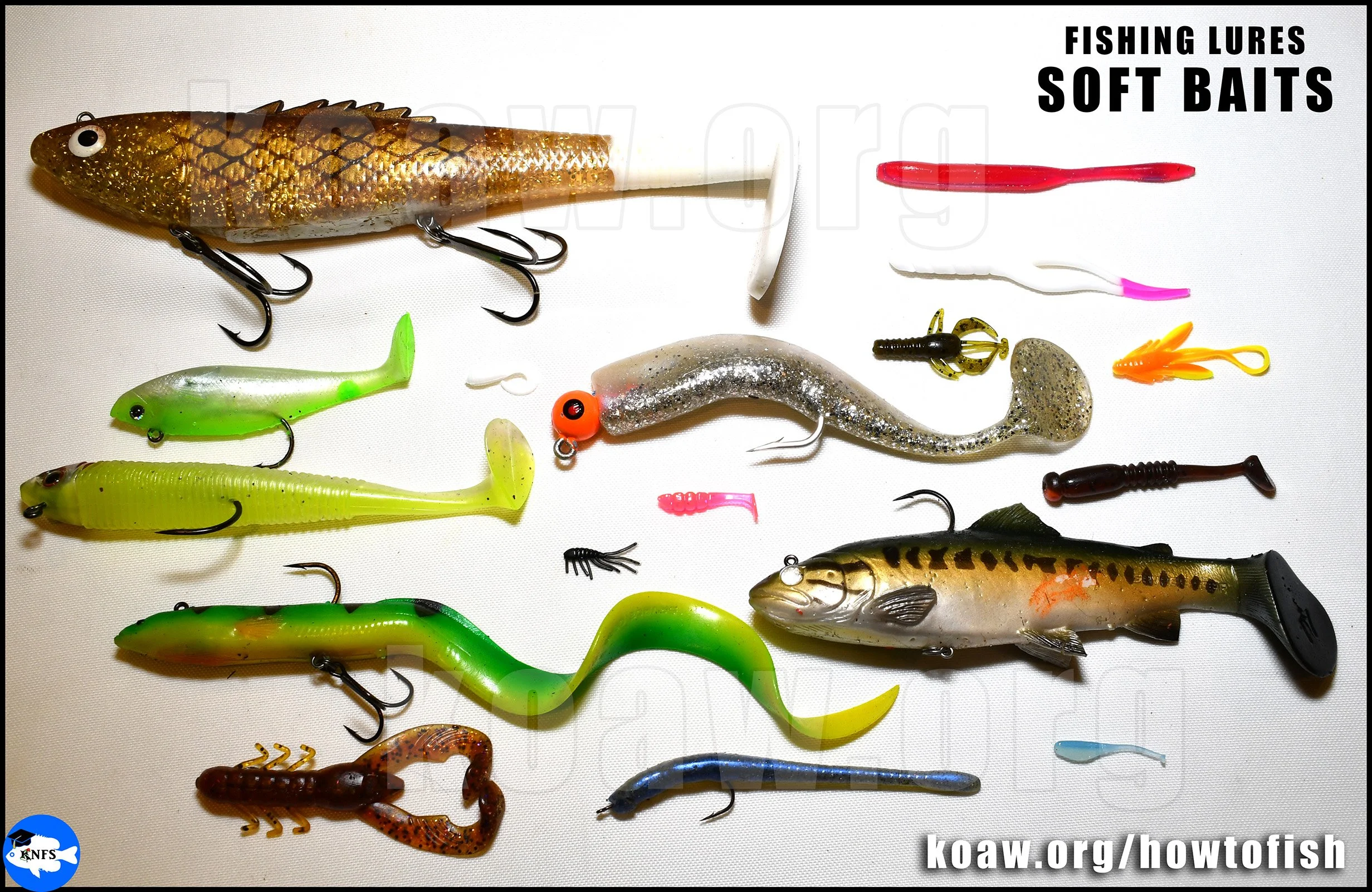 Shows what soft baits are for fishing.