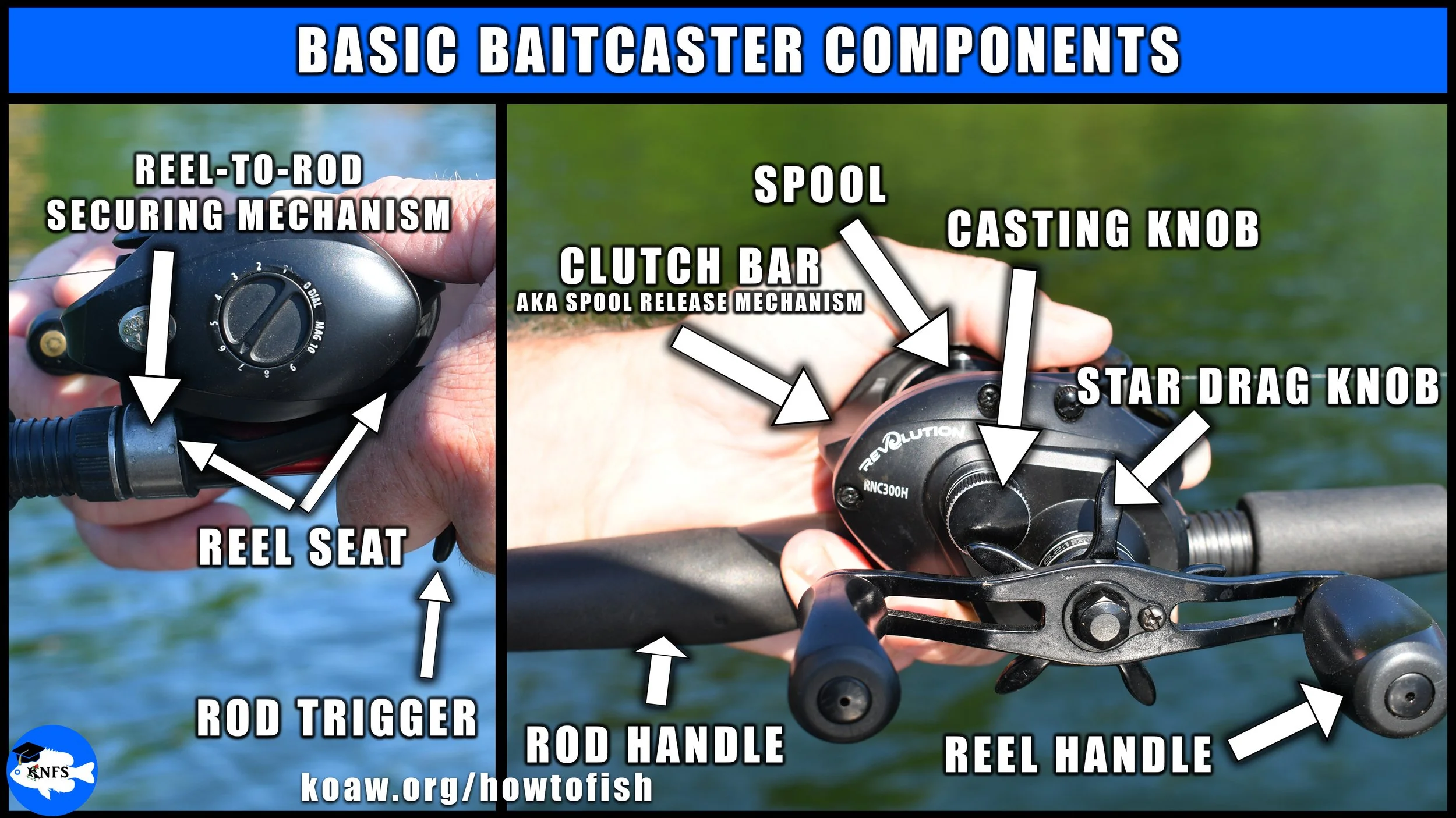 Basic baitcaster components including clutch bar, star drag knob, reel handle, rod handle, casting knob, and others.
