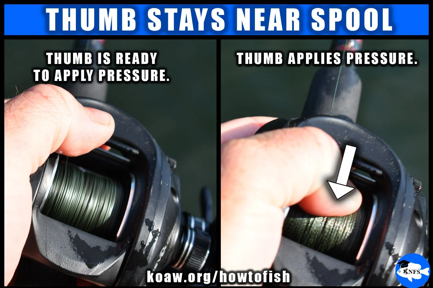 The thumb is always ready to apply pressure to the spool on a baitcaster reel.